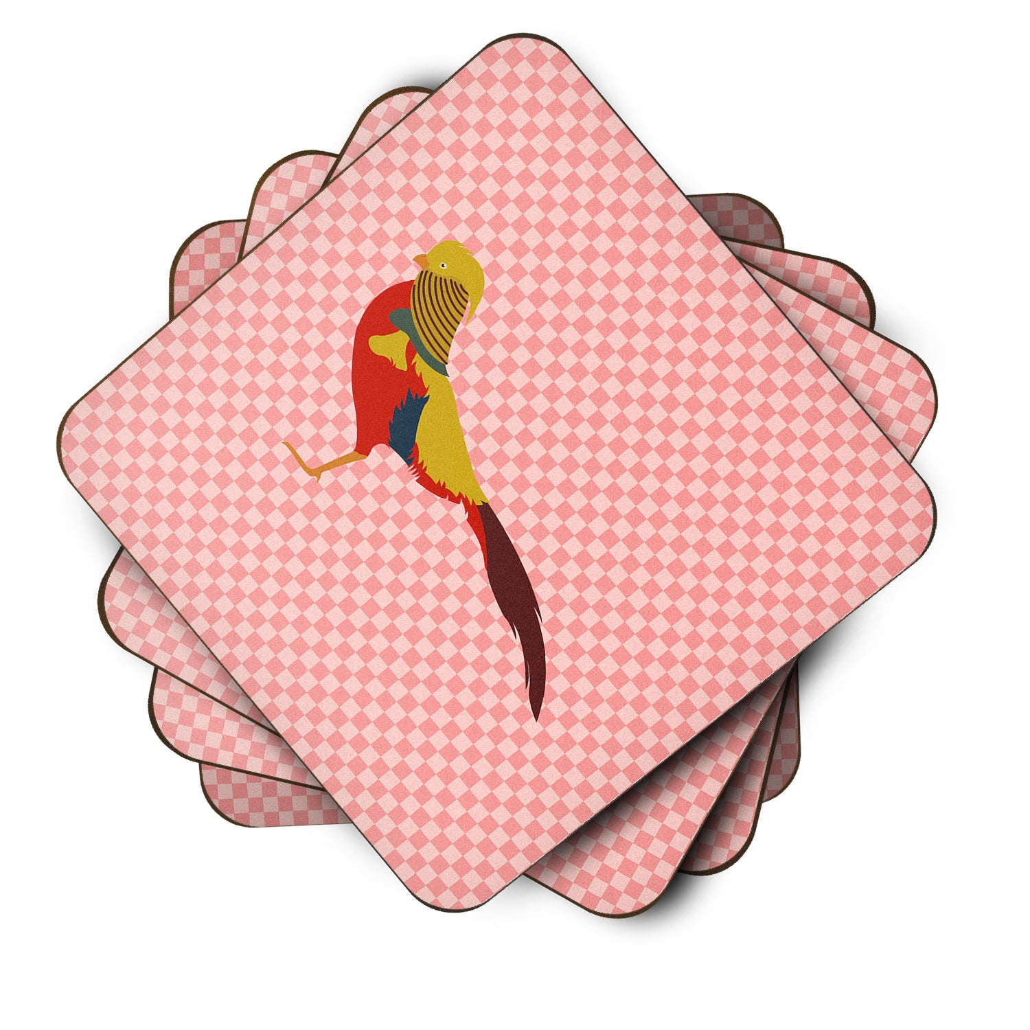 Golden or Chinese Pheasant Pink Check Foam Coaster Set of 4 BB7928FC - the-store.com