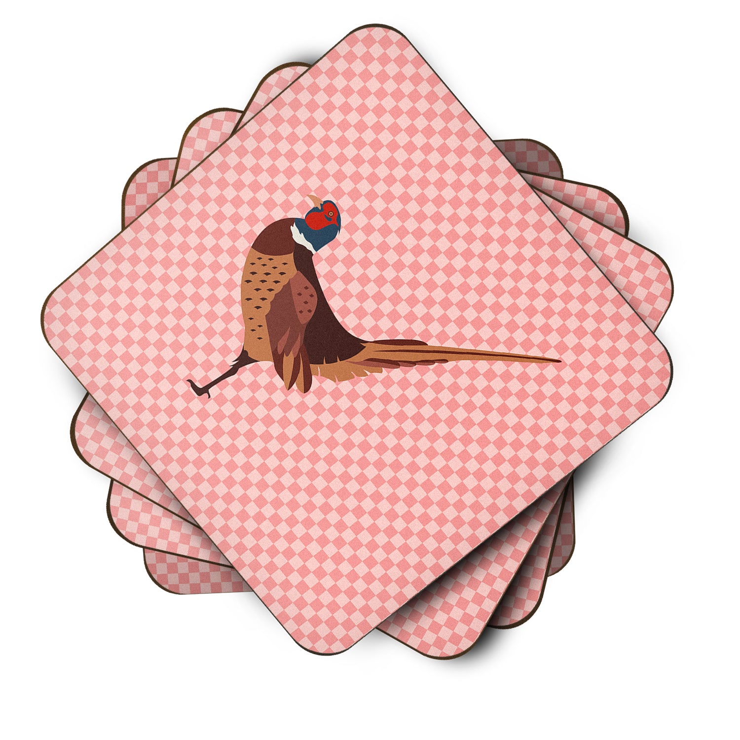 Ring-necked Common Pheasant Pink Check Foam Coaster Set of 4 BB7930FC - the-store.com