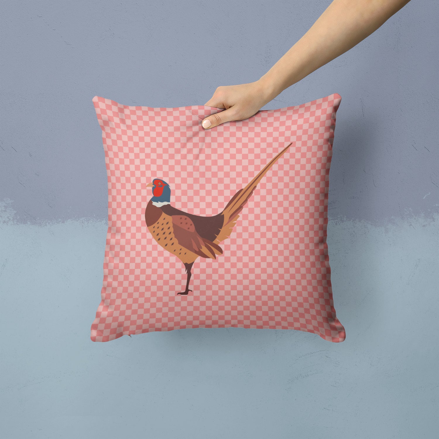 Ring-necked Common Pheasant Pink Check Fabric Decorative Pillow BB7930PW1414 - the-store.com