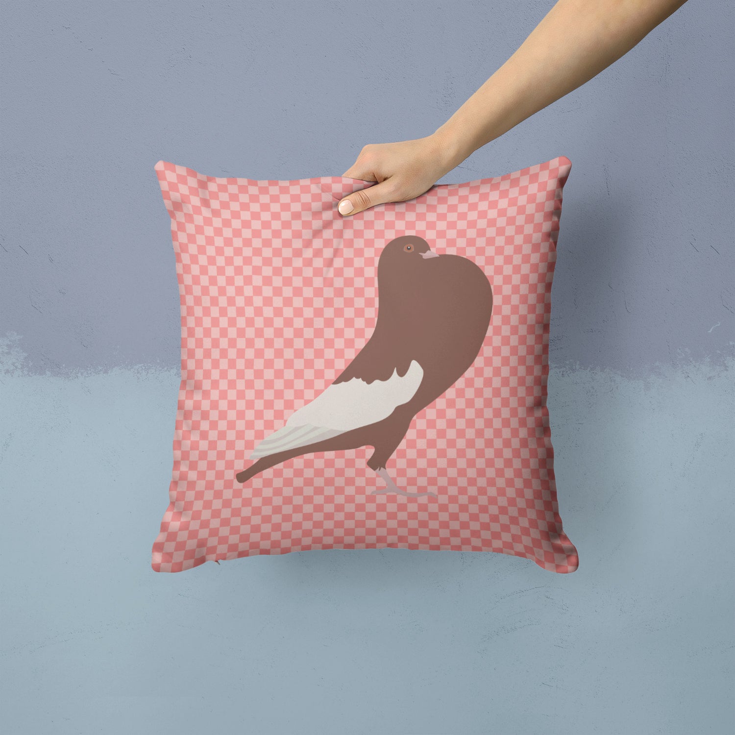 English Pouter Pigeon Pink Check Fabric Decorative Pillow BB7954PW1414 - the-store.com
