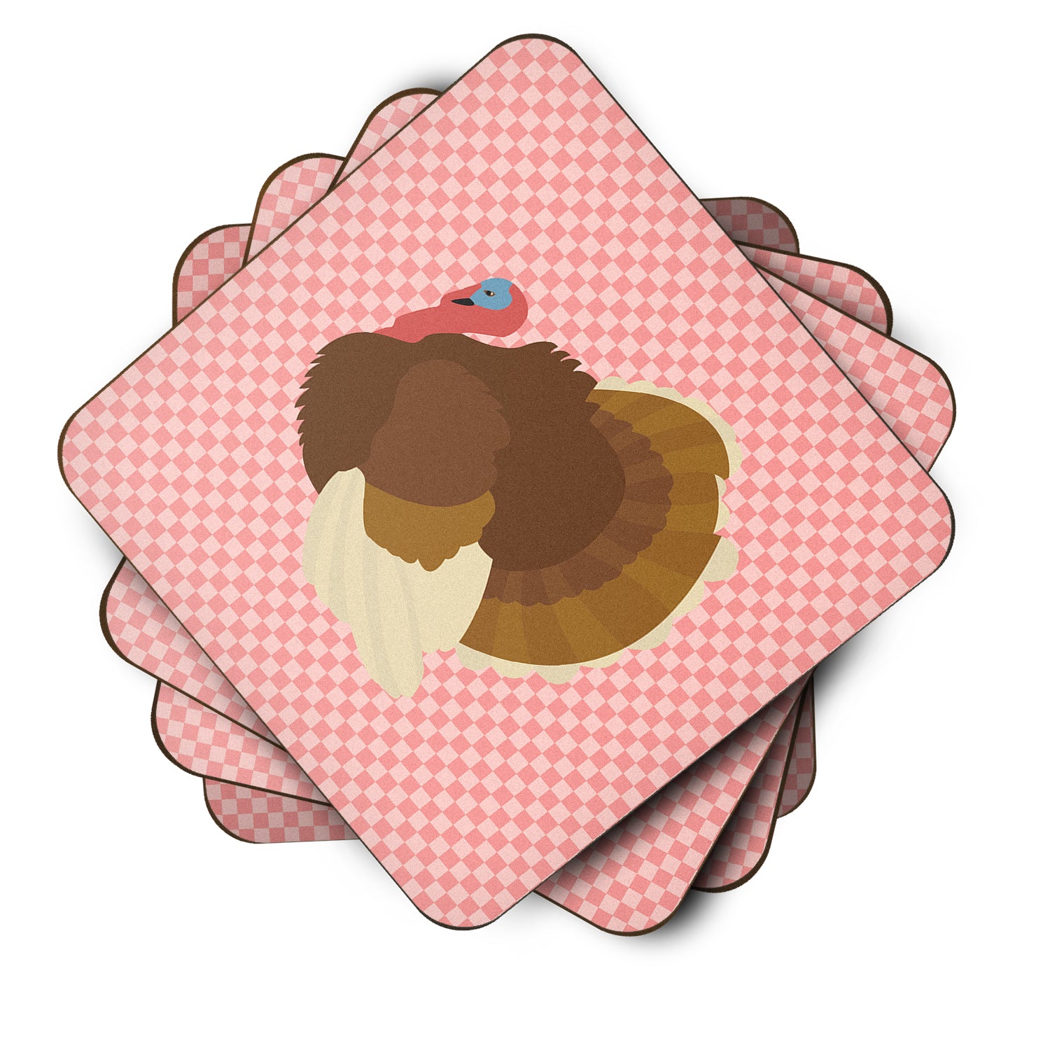 French Turkey Dindon Pink Check Foam Coaster Set of 4 BB7990FC - the-store.com