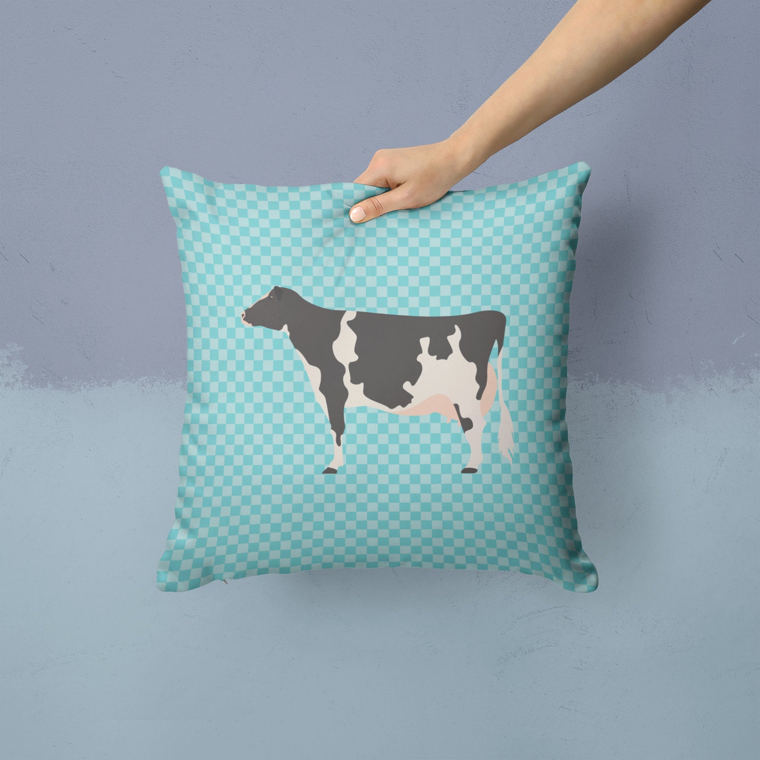 Holstein Cow Blue Check Fabric Decorative Pillow BB7996PW1414 - the-store.com