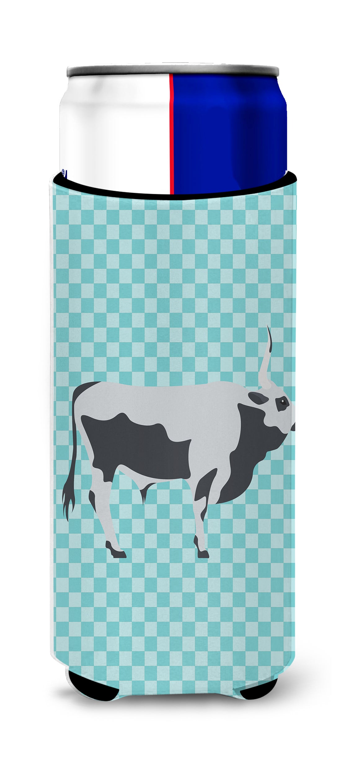 Hungarian Grey Steppe Cow Blue Check  Ultra Hugger for slim cans
