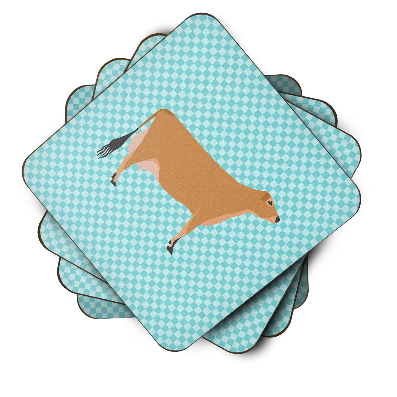 Jersey Cow Blue Check Foam Coaster Set of 4 BB8003FC - the-store.com
