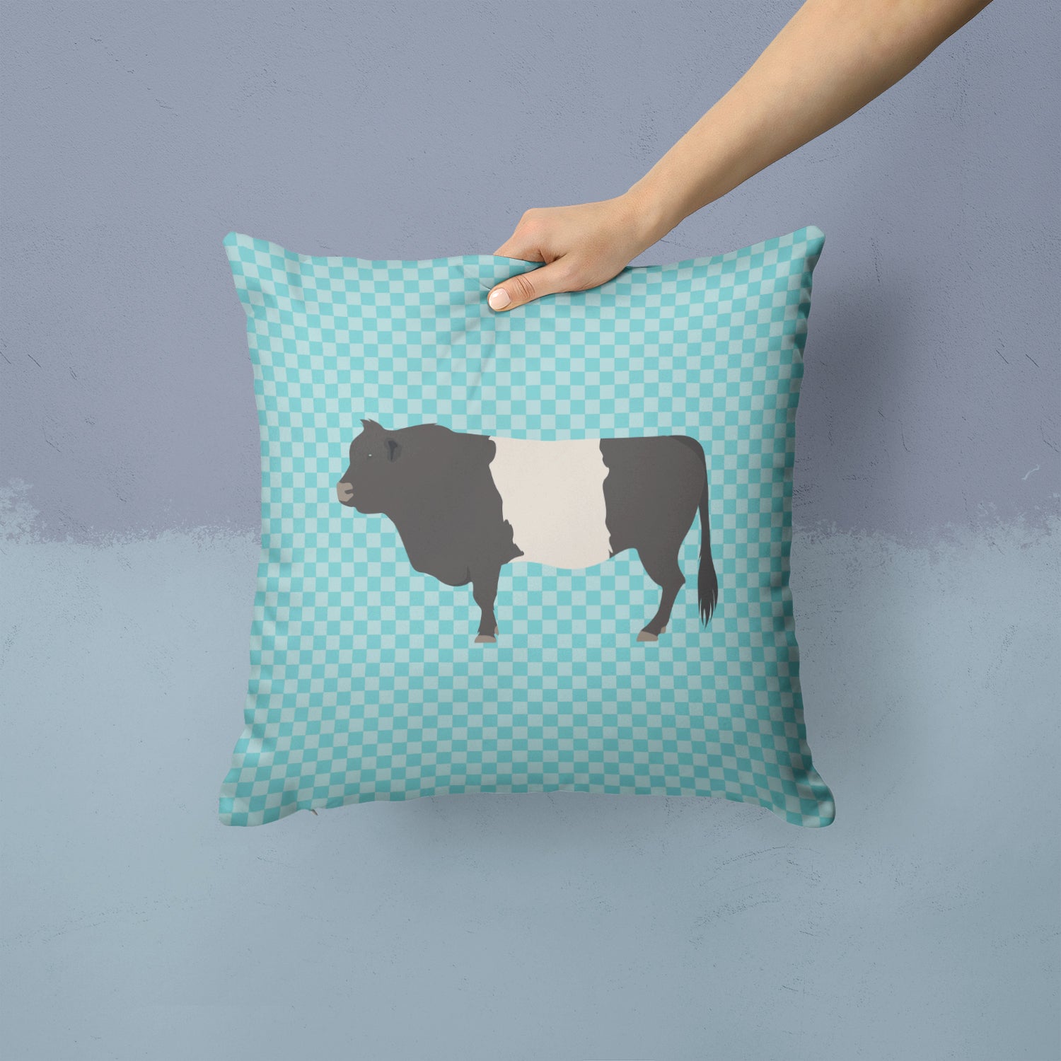 Belted Galloway Cow Blue Check Fabric Decorative Pillow BB8005PW1414 - the-store.com