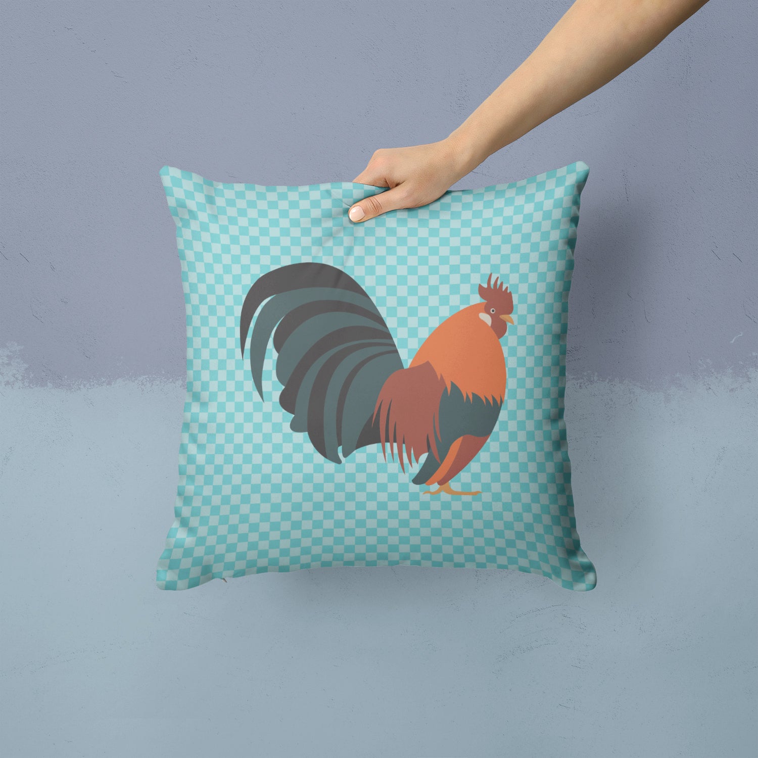 Dutch Bantam Chicken Blue Check Fabric Decorative Pillow BB8010PW1414 - the-store.com
