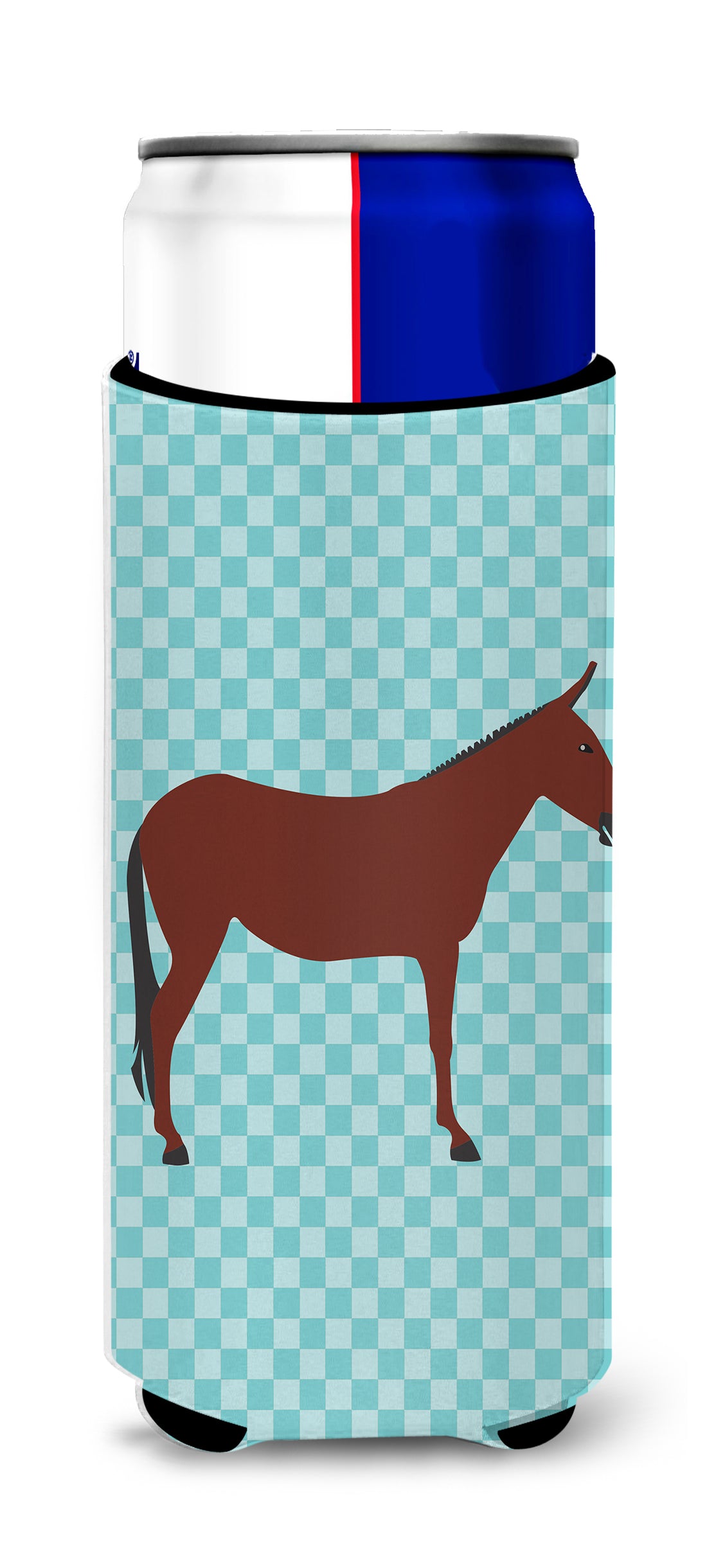 Hinny Horse Donkey Blue Check  Ultra Hugger for slim cans