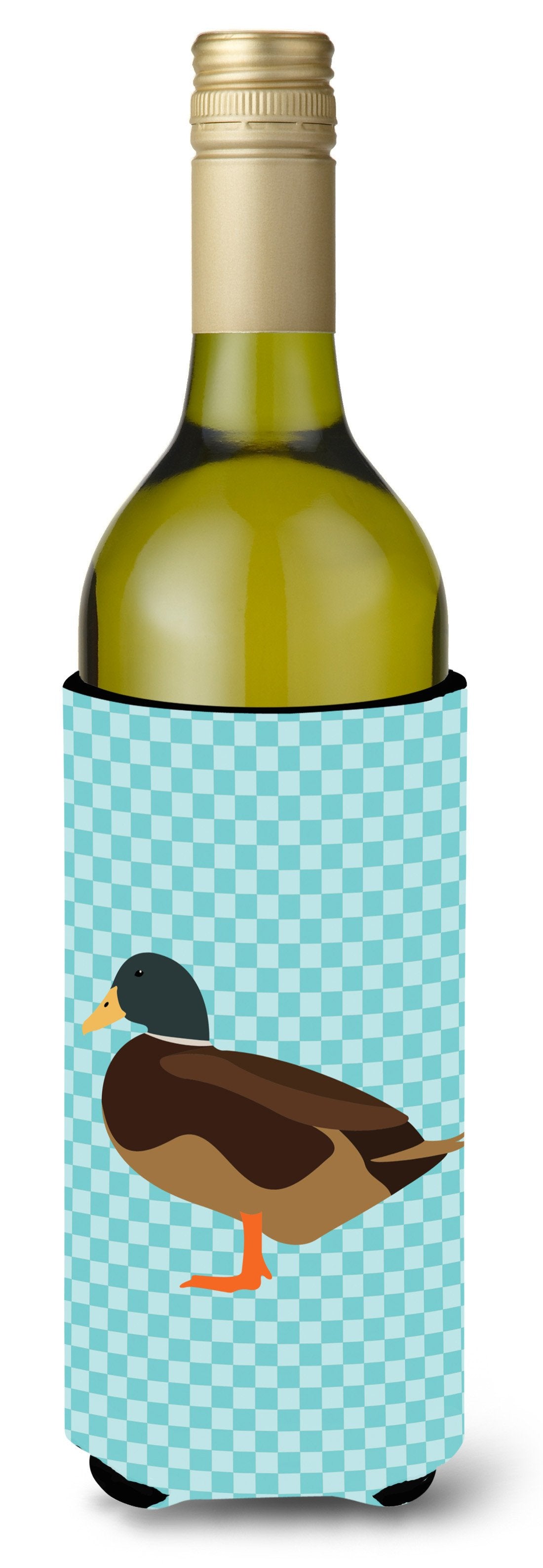 Silver Bantam Duck Blue Check Wine Bottle Beverge Insulator Hugger BB8041LITERK by Caroline's Treasures
