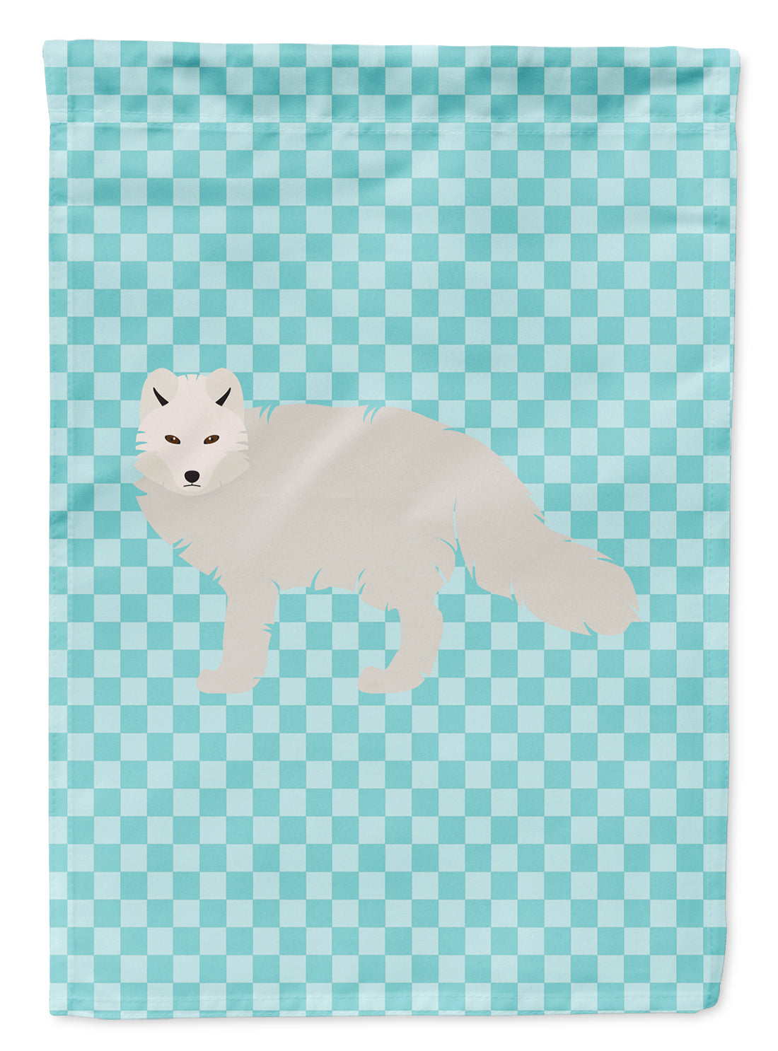 White Arctic Fox Blue Check Flag Garden Size