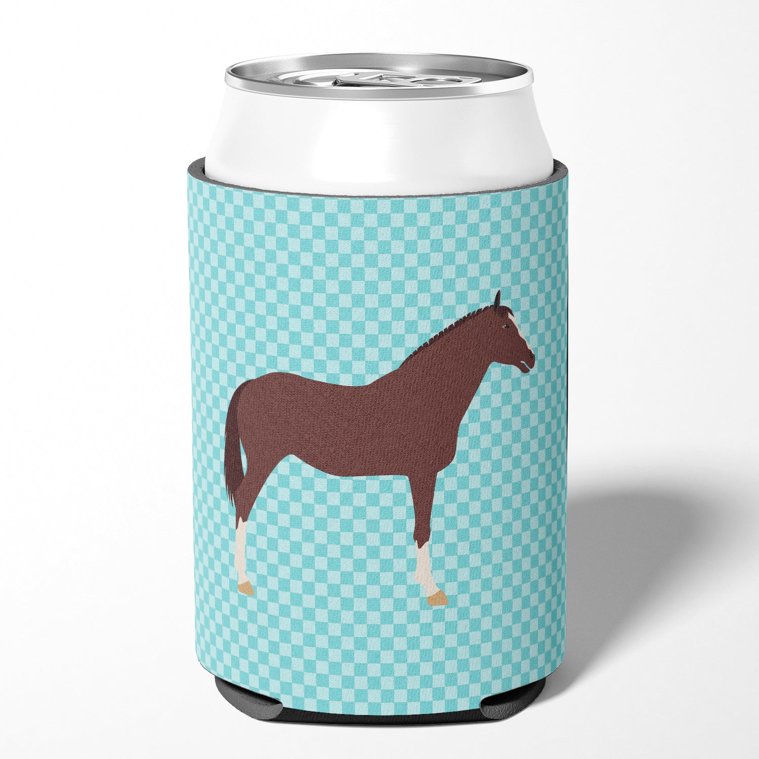 English Thoroughbred Horse Blue Check Can or Bottle Hugger BB8087CC