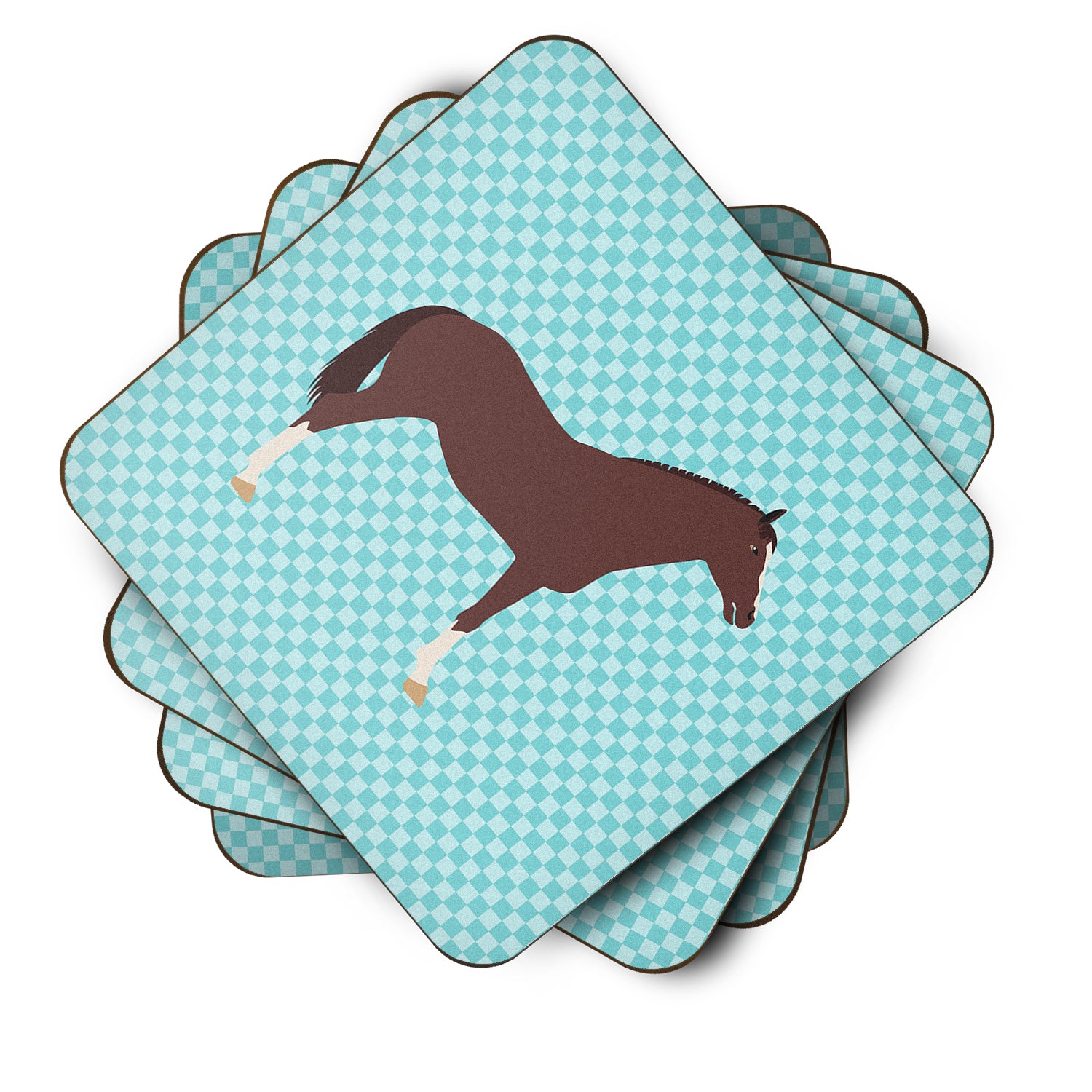 English Thoroughbred Horse Blue Check Foam Coaster Set of 4 BB8087FC - the-store.com