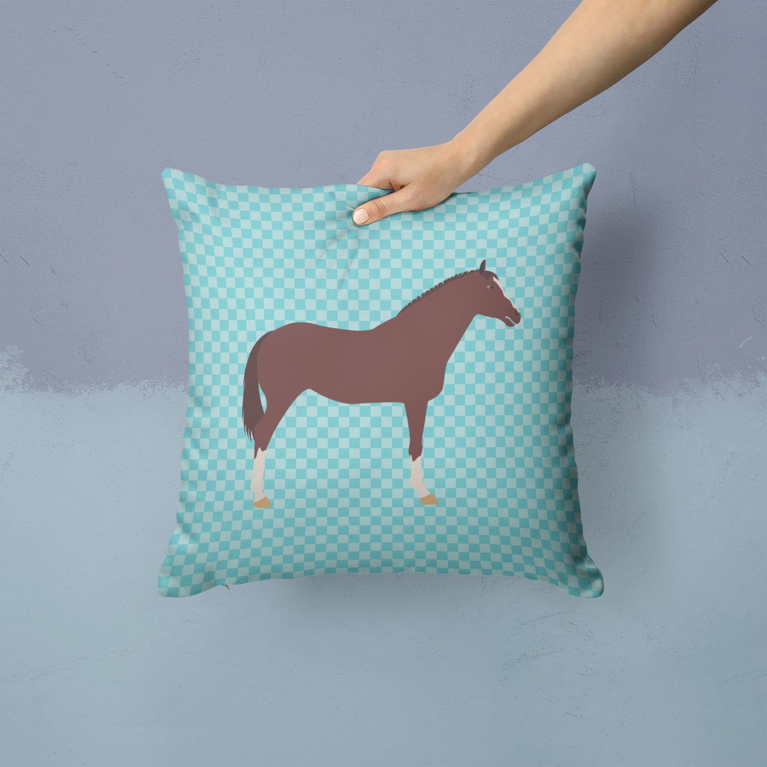 English Thoroughbred Horse Blue Check Fabric Decorative Pillow BB8087PW1414 - the-store.com