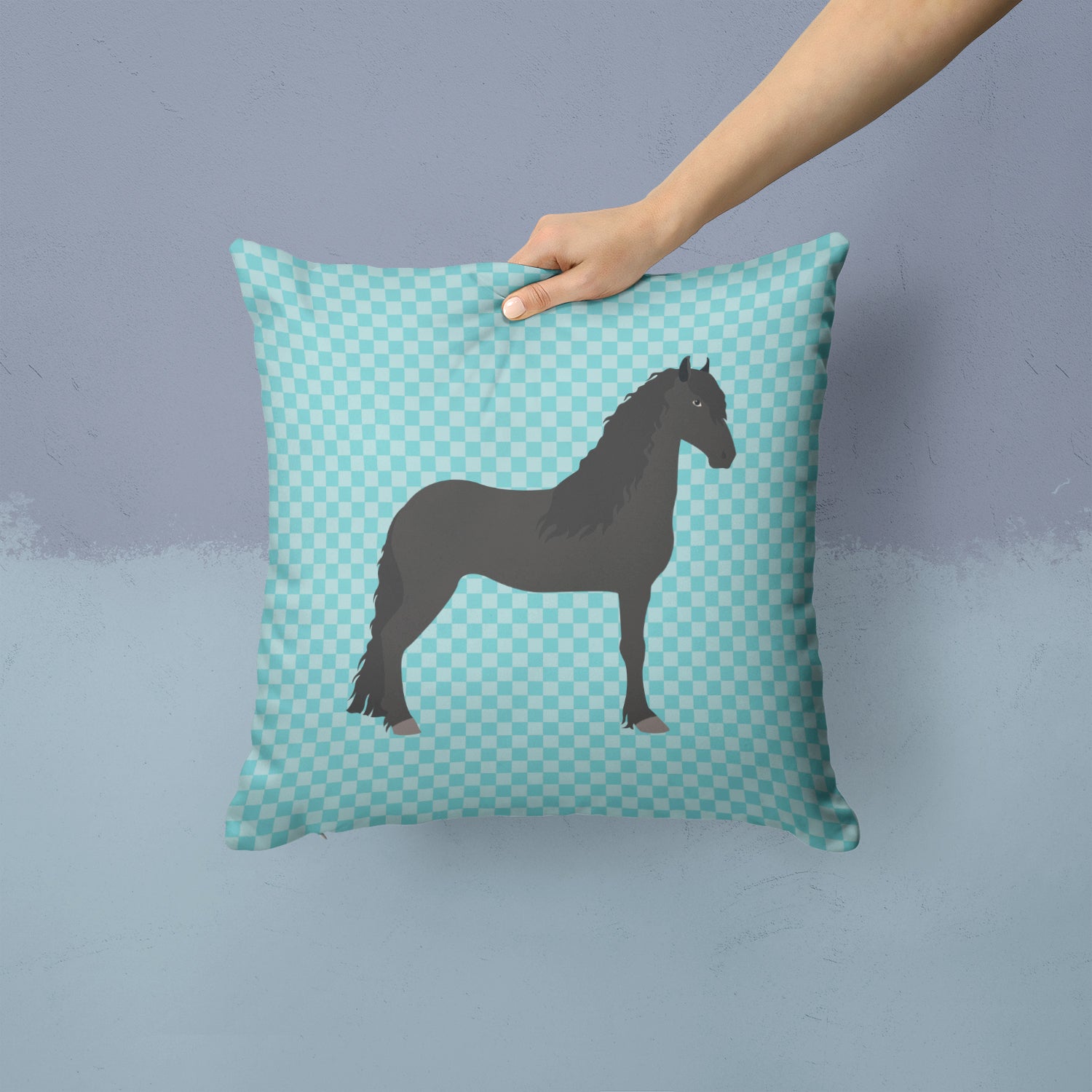 Friesian Horse Blue Check Fabric Decorative Pillow BB8089PW1414 - the-store.com