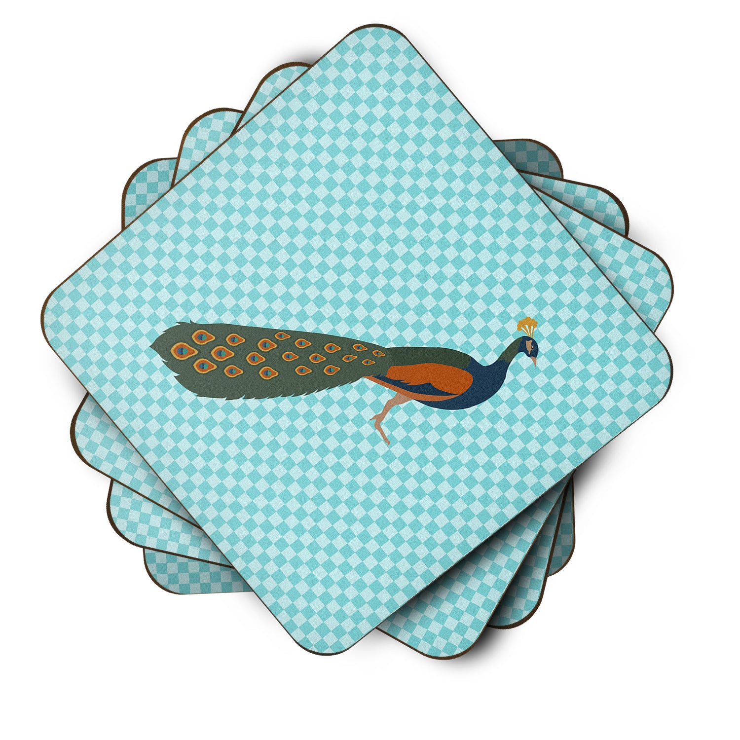 Indian Peacock Peafowl Blue Check Foam Coaster Set of 4 BB8099FC - the-store.com