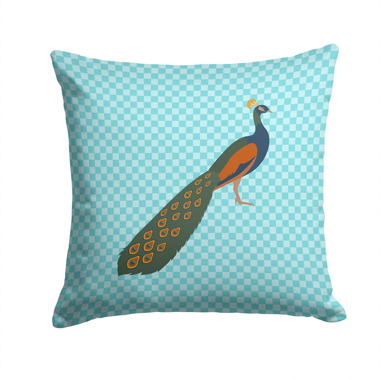 Indian Peacock Peafowl Blue Check Fabric Decorative Pillow BB8099PW1414 - the-store.com