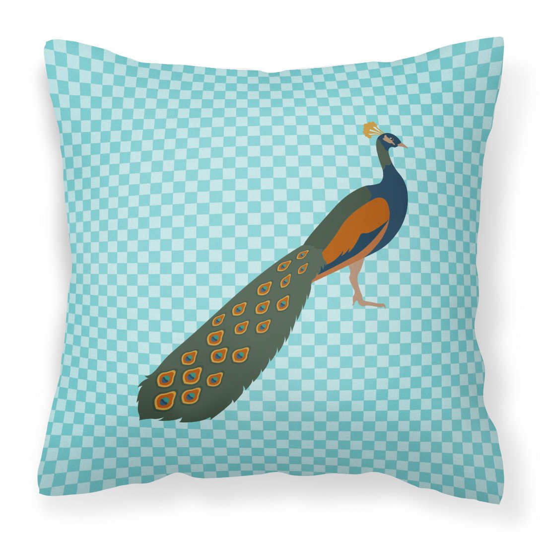 Indian Peacock Peafowl Blue Check Fabric Decorative Pillow BB8099PW1818 by Caroline's Treasures