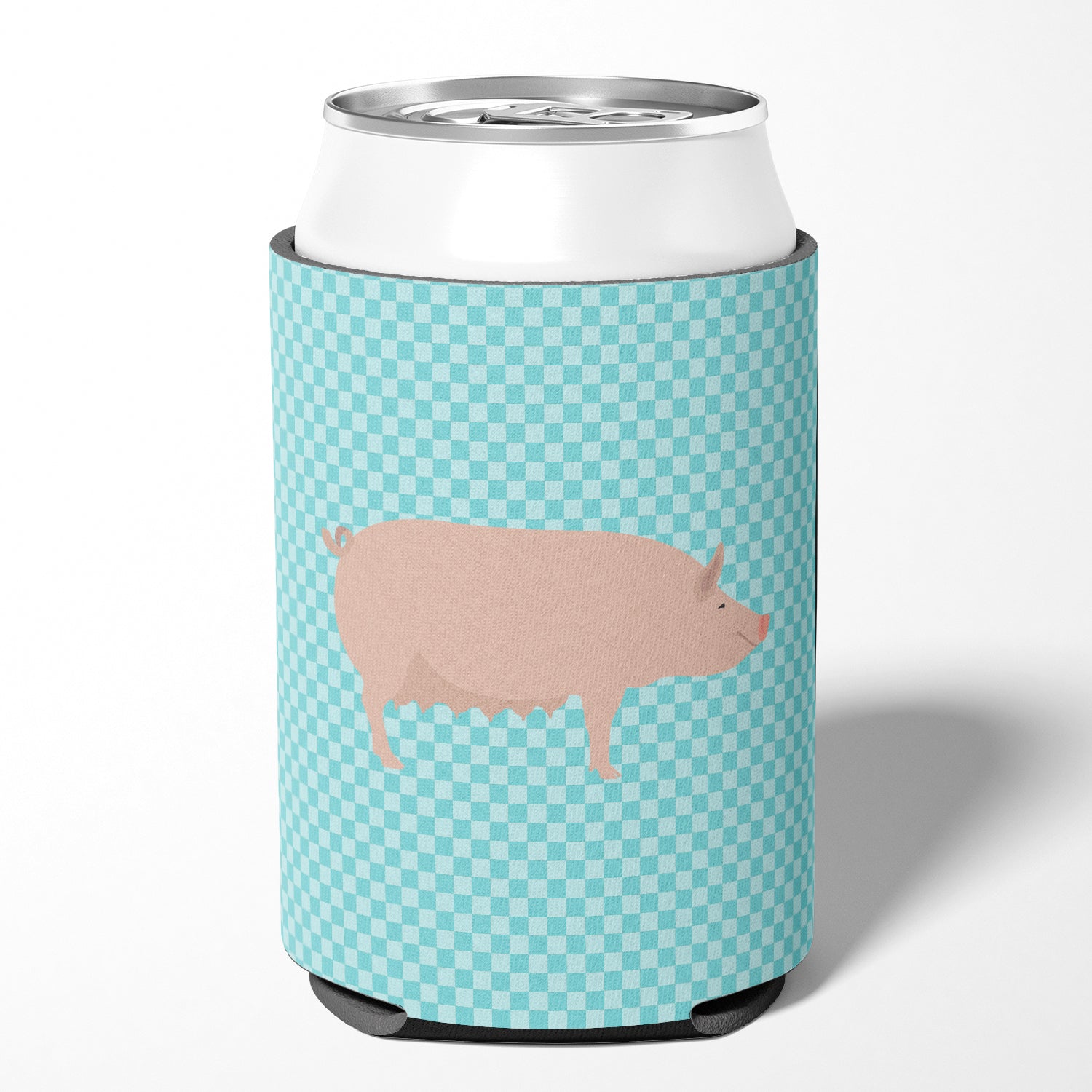 English Large White Pig Blue Check Can or Bottle Hugger BB8112CC