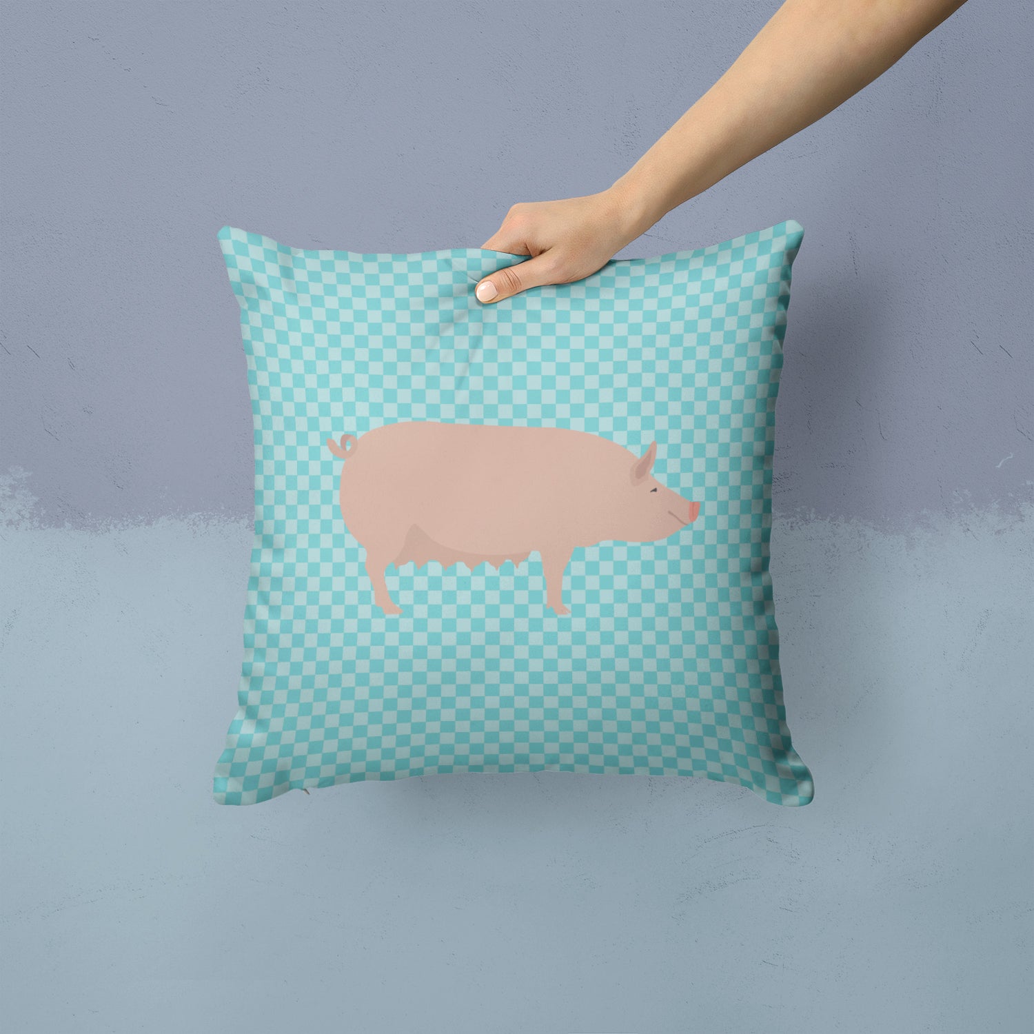 English Large White Pig Blue Check Fabric Decorative Pillow BB8112PW1414 - the-store.com