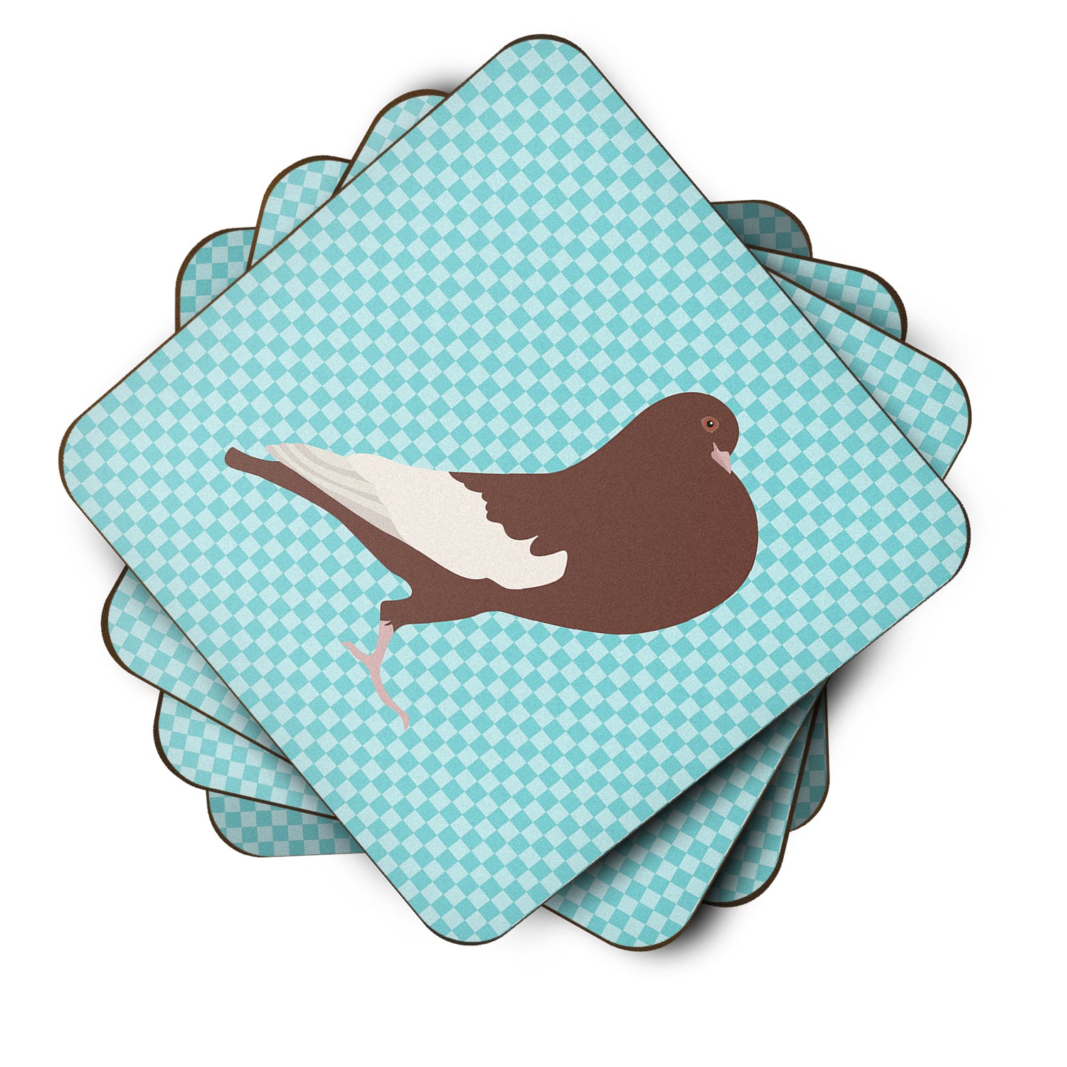 English Pouter Pigeon Blue Check Foam Coaster Set of 4 BB8128FC - the-store.com