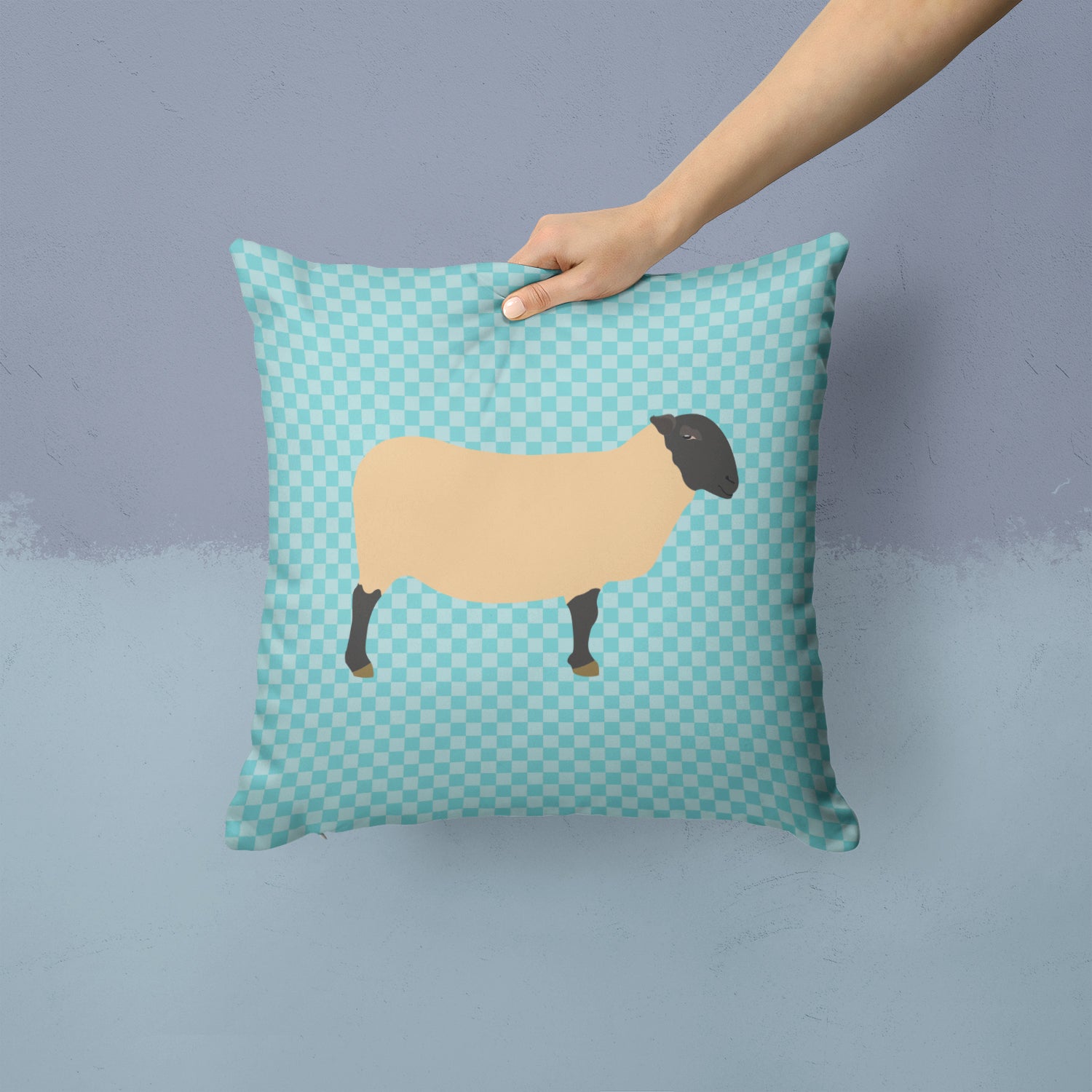 Suffolk Sheep Blue Check Fabric Decorative Pillow BB8146PW1414 - the-store.com