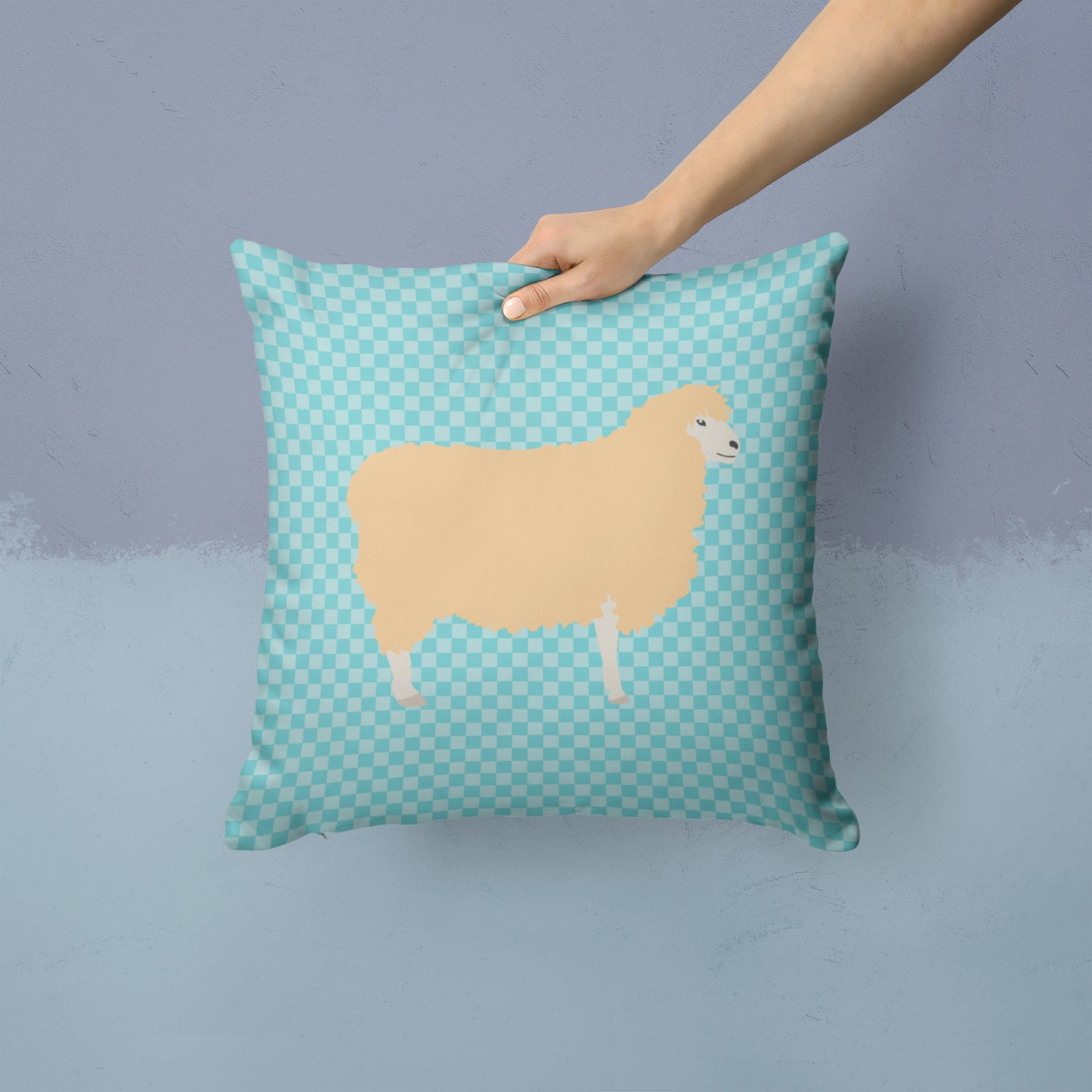 English Leicester Longwool Sheep Blue Check Fabric Decorative Pillow BB8148PW1414 - the-store.com