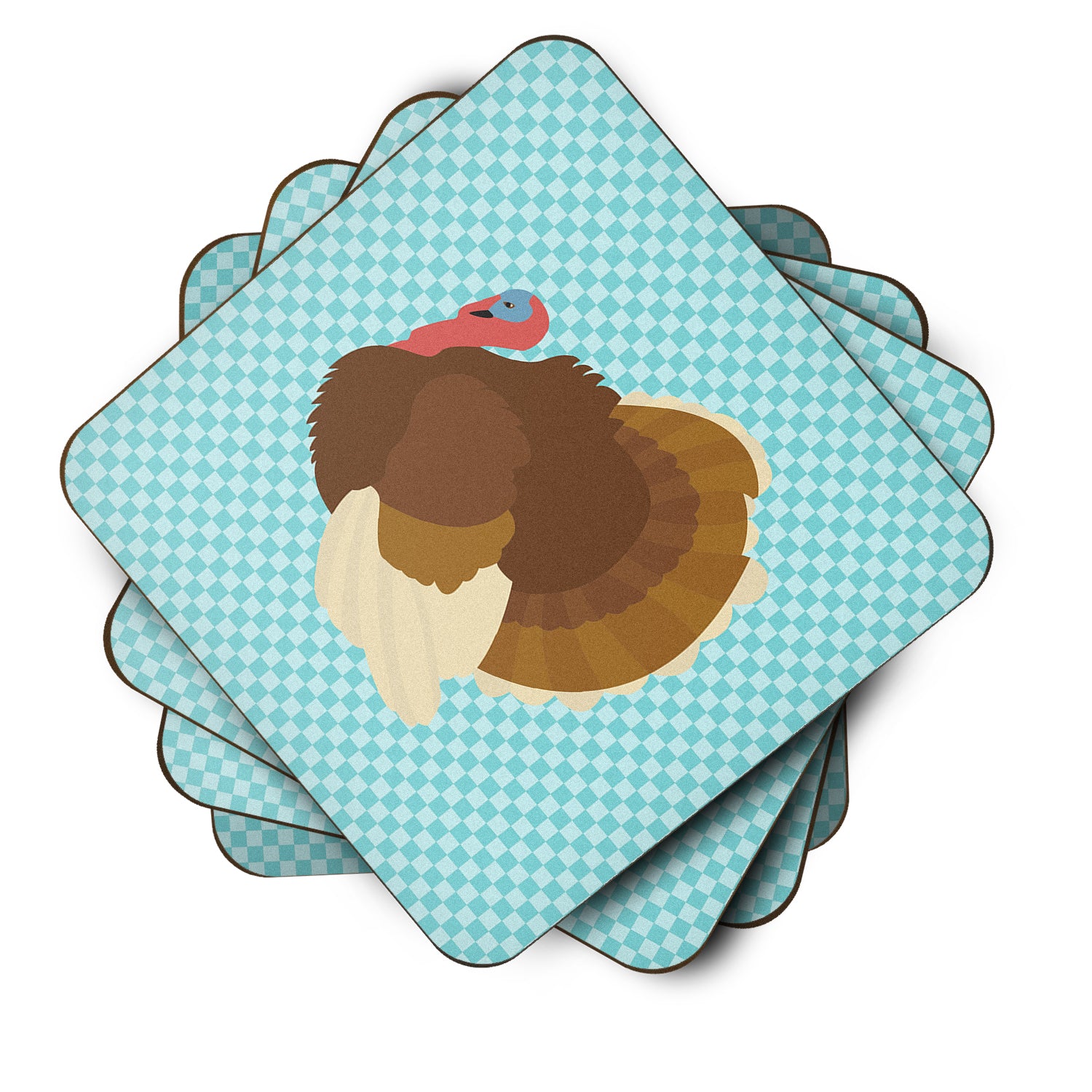 French Turkey Dindon Blue Check Foam Coaster Set of 4 BB8164FC - the-store.com