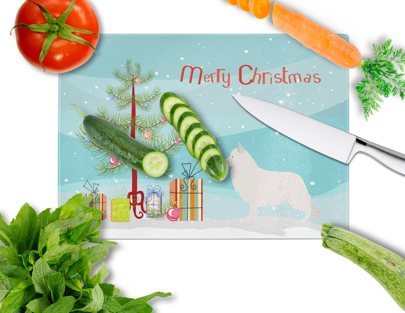 Berger Blanc Suisse Christmas Glass Cutting Board Large BB8454LCB by Caroline's Treasures
