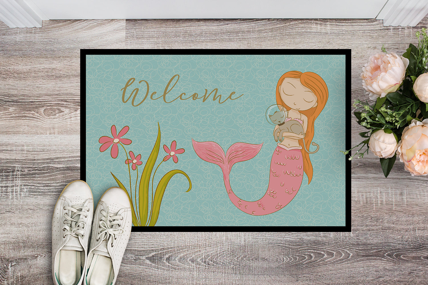 Mermaid with Cat Welcome Indoor or Outdoor Mat 18x27 BB8548MAT - the-store.com