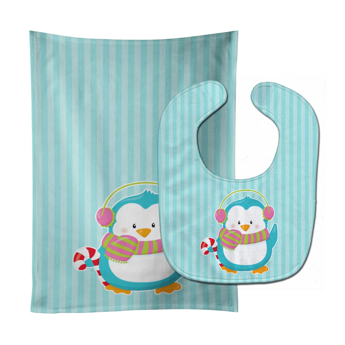 Christmas Penguin and Stripes Baby Bib &amp; Burp Cloth BB8684STBU by Caroline&#39;s Treasures