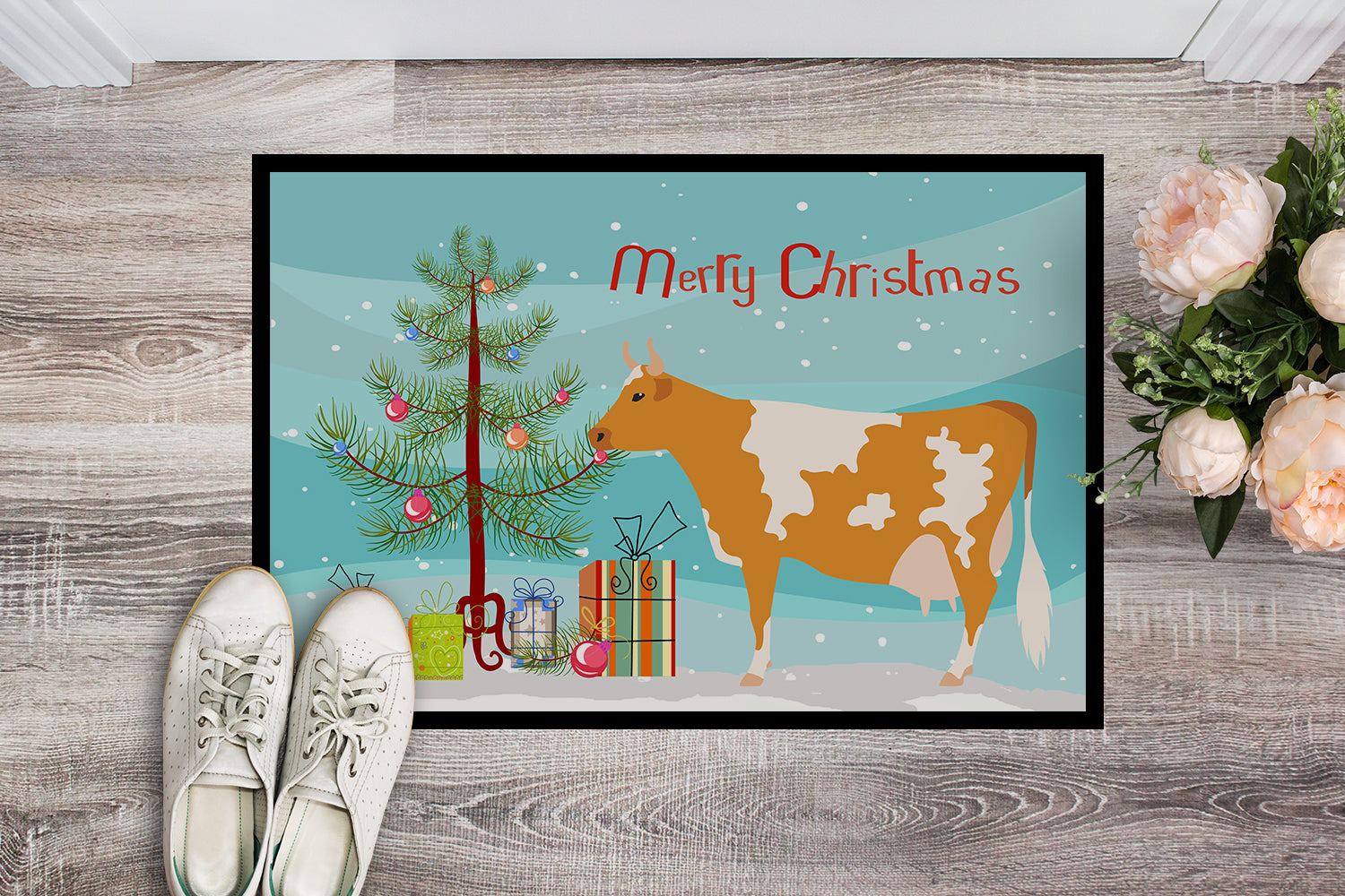 Guernsey Cow Christmas Indoor or Outdoor Mat 18x27 BB9188MAT - the-store.com
