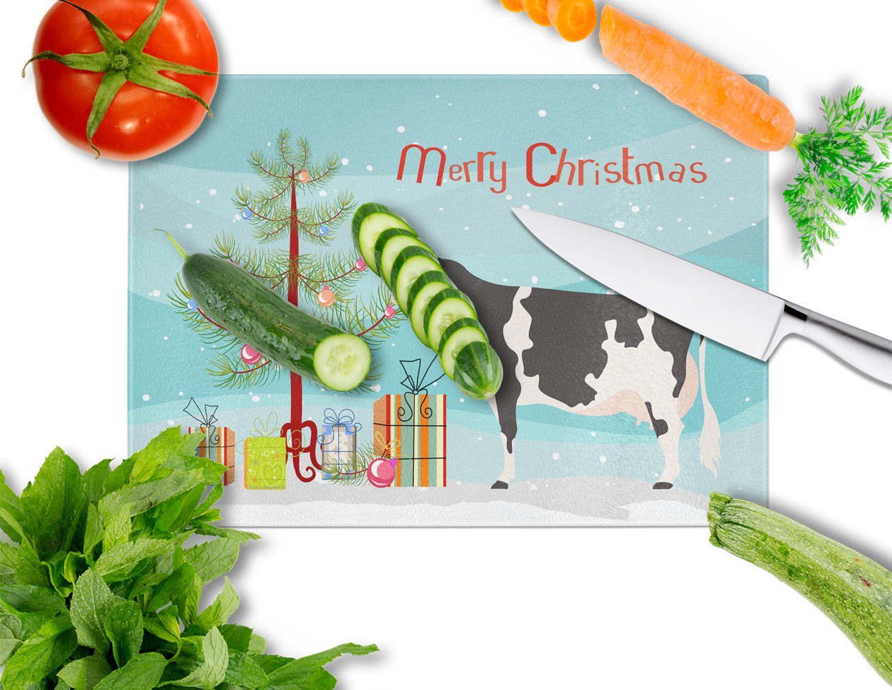Holstein Cow Christmas Glass Cutting Board Large BB9189LCB by Caroline's Treasures