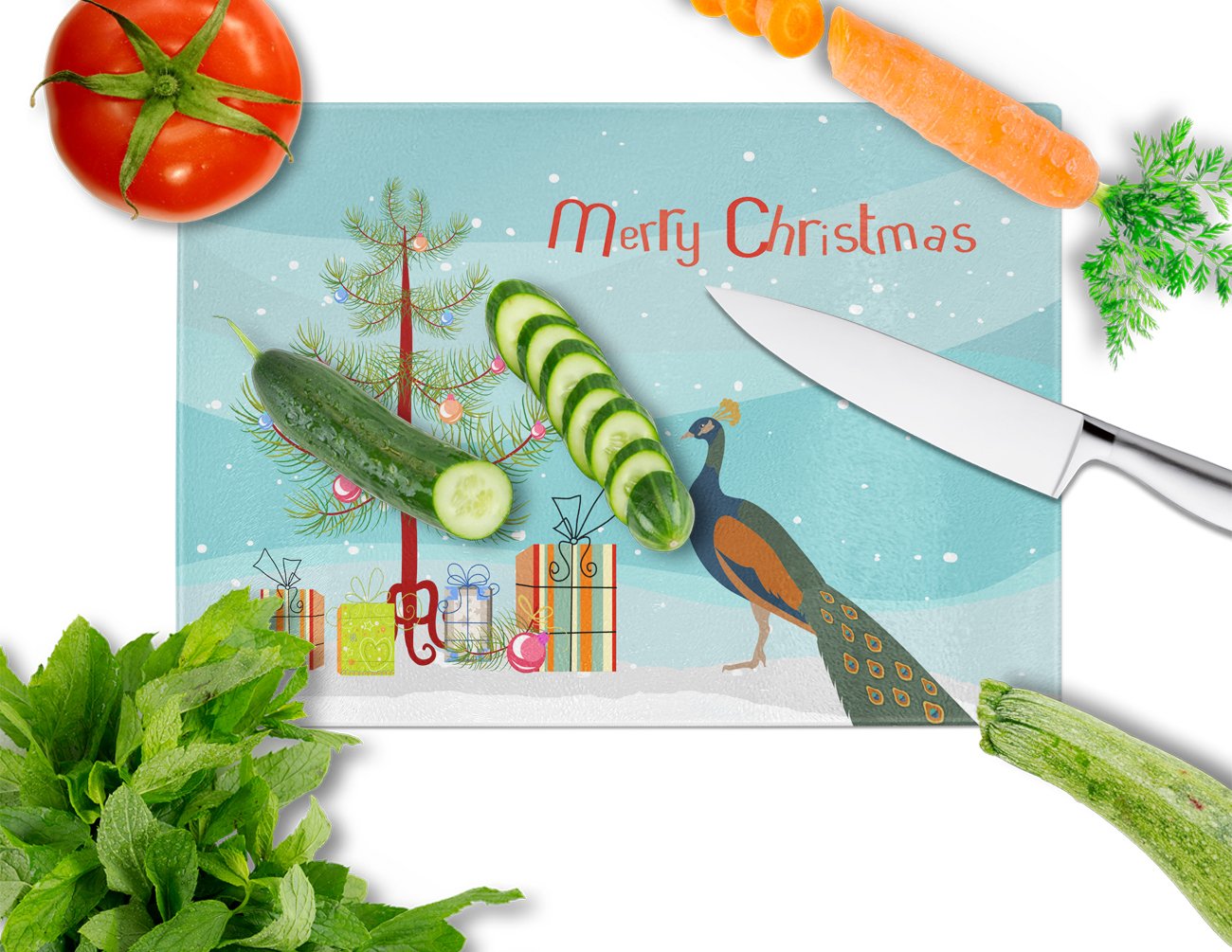 Indian Peacock Peafowl Christmas Glass Cutting Board Large BB9292LCB by Caroline's Treasures