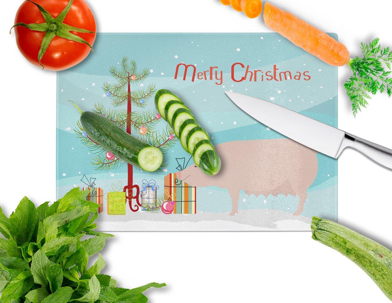 English Large White Pig Christmas Glass Cutting Board Large BB9305LCB by Caroline's Treasures