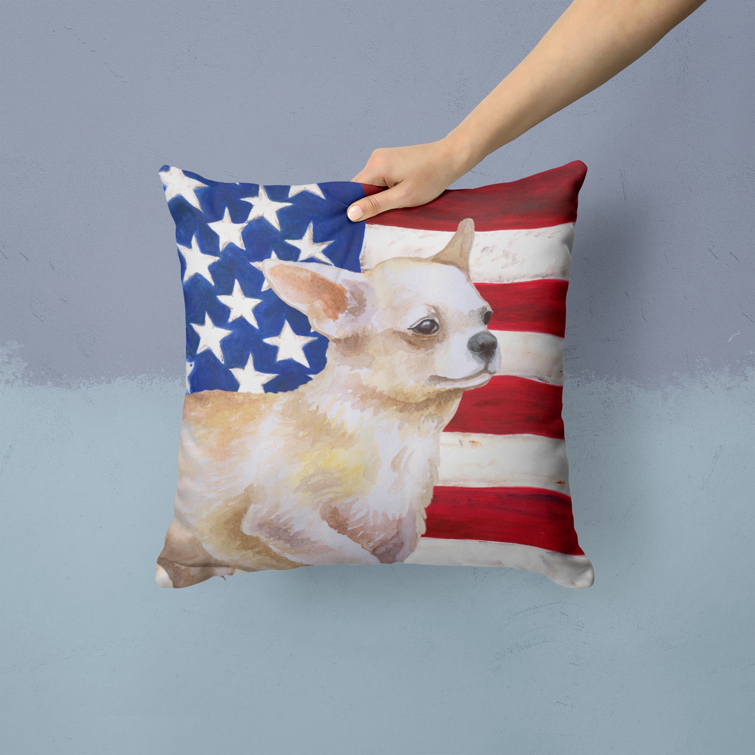 Chihuahua Leg up Patriotic Fabric Decorative Pillow BB9697PW1414 - the-store.com