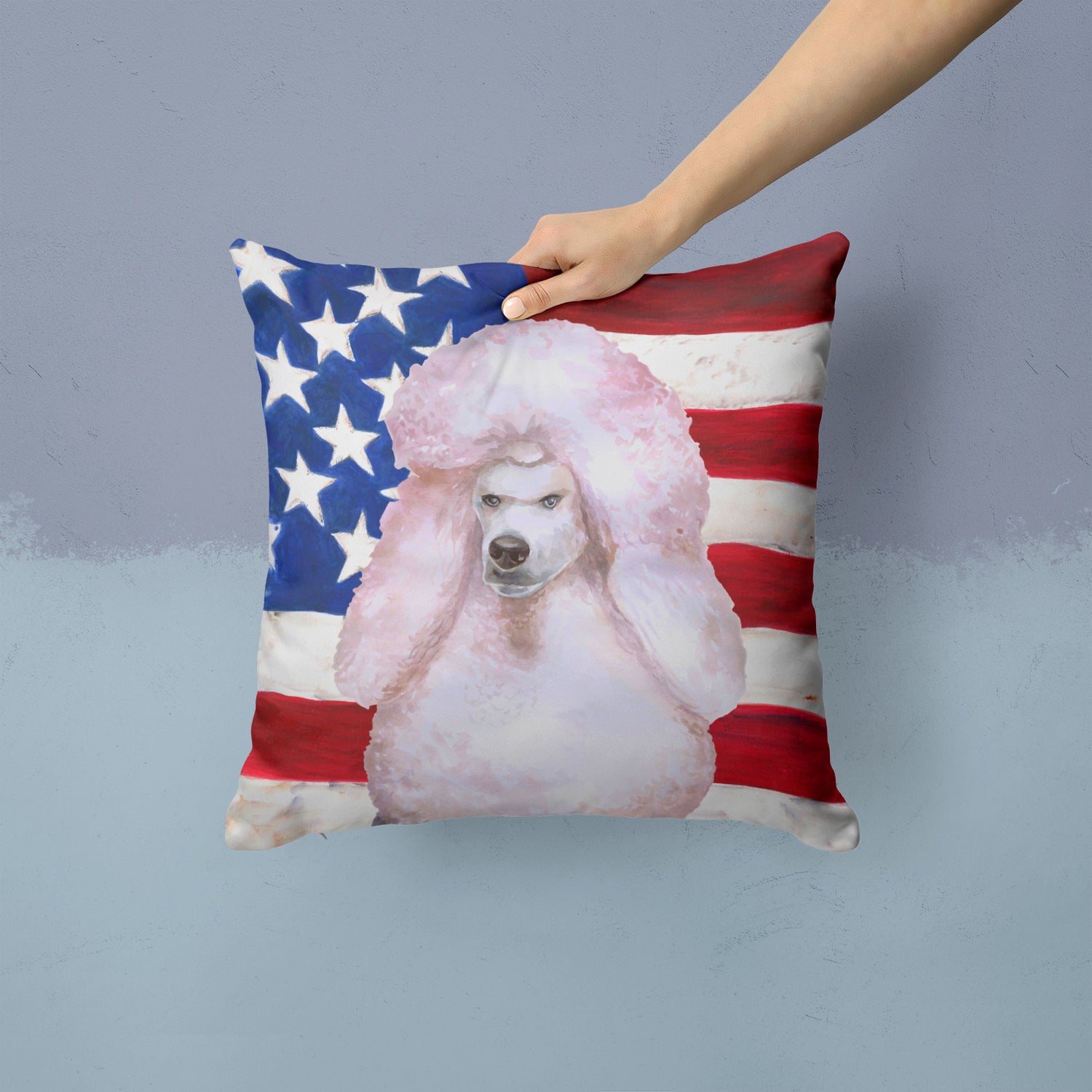 White Standard Poodle Patriotic Fabric Decorative Pillow BB9717PW1414 - the-store.com
