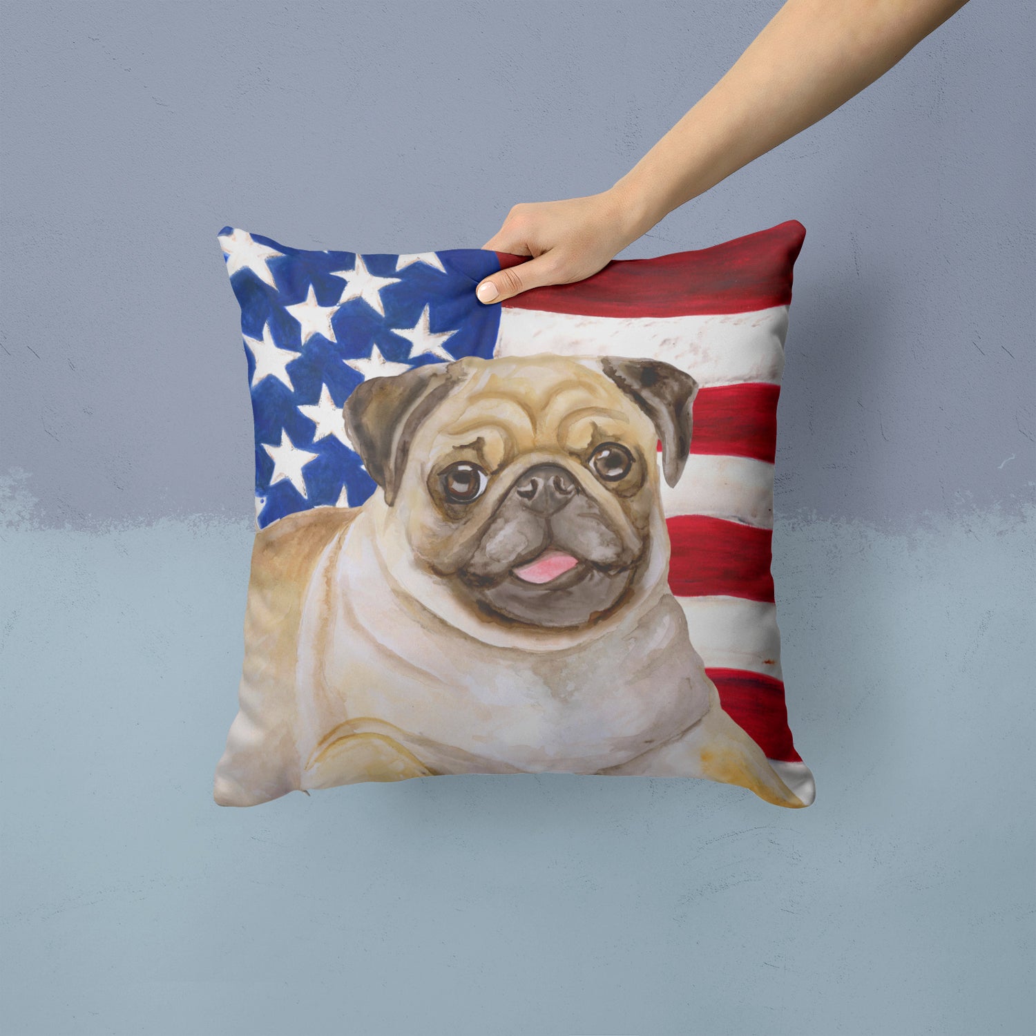 Fawn Pug Patriotic Fabric Decorative Pillow BB9718PW1414 - the-store.com
