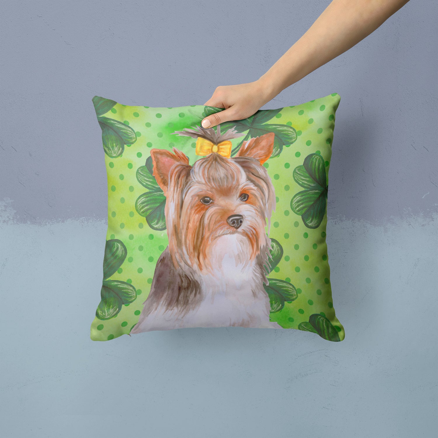 Yorkshire Terrier #2 St Patrick's Fabric Decorative Pillow BB9897PW1414 - the-store.com