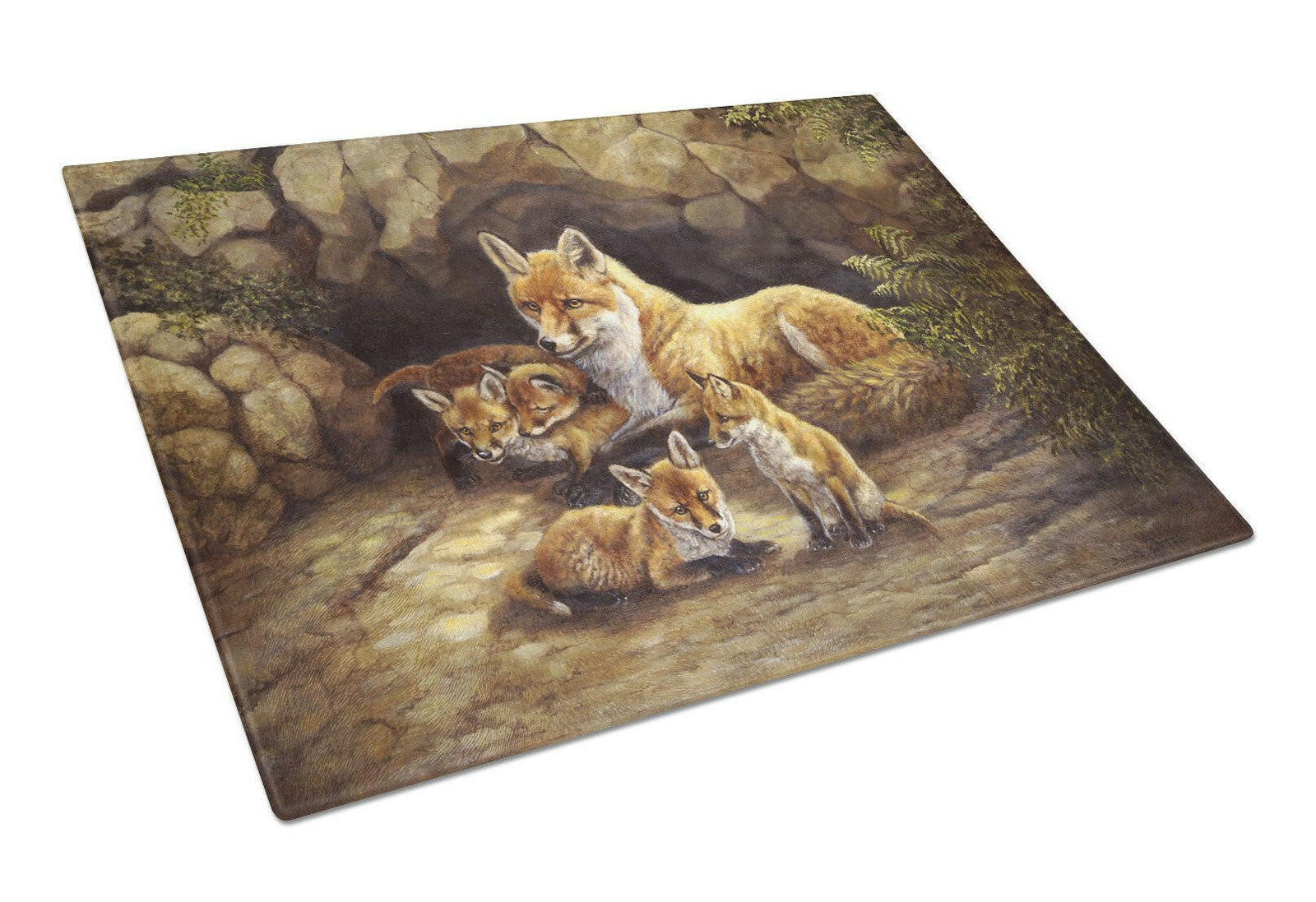 Fox Family Foxes by the Den Glass Cutting Board Large BDBA0169LCB by Caroline's Treasures