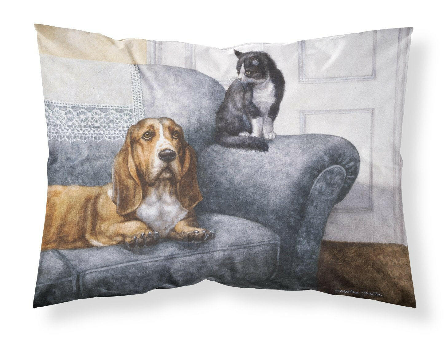 Basset Hound and Cat on couch Fabric Standard Pillowcase BDBA0182PILLOWCASE by Caroline's Treasures