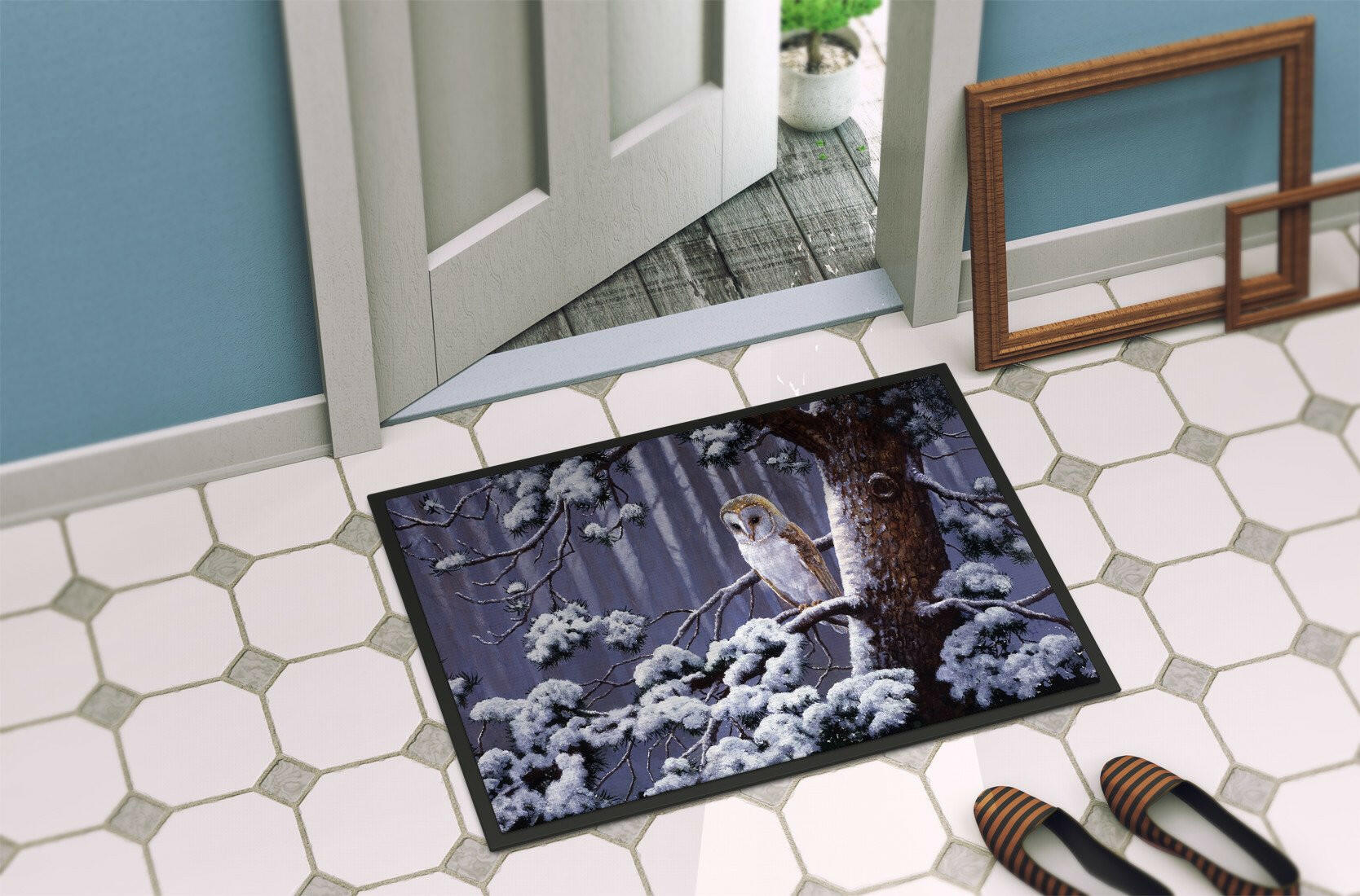 Owl on a Tree Branch in the Snow Indoor or Outdoor Mat 24x36 BDBA0303JMAT - the-store.com