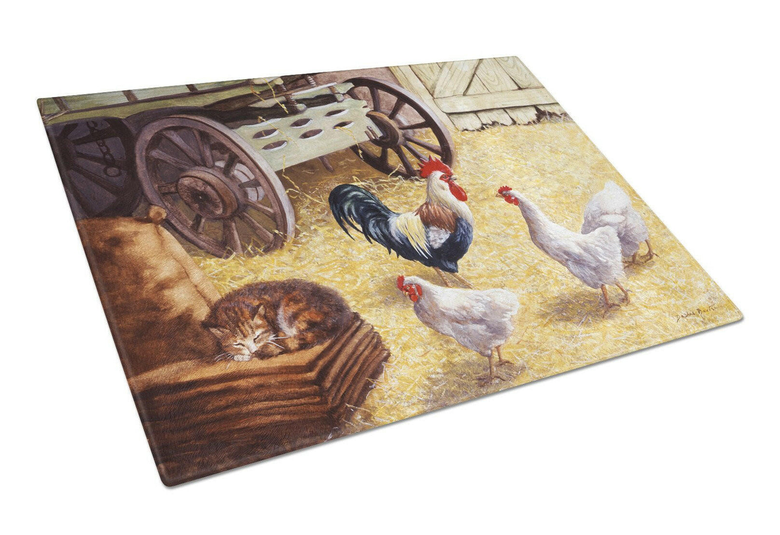 Rooster and Hens Chickens in the Barn Glass Cutting Board Large BDBA0339LCB by Caroline's Treasures