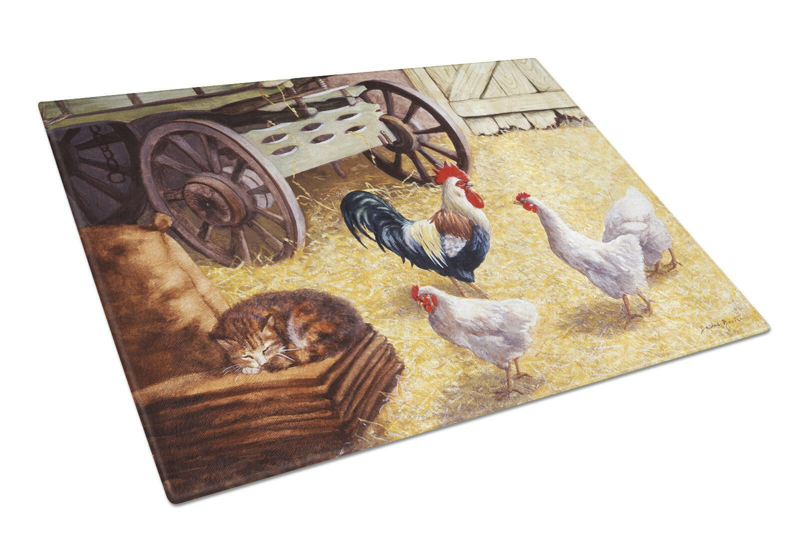 Rooster and Hens Chickens in the Barn Glass Cutting Board Large BDBA0339LCB by Caroline's Treasures
