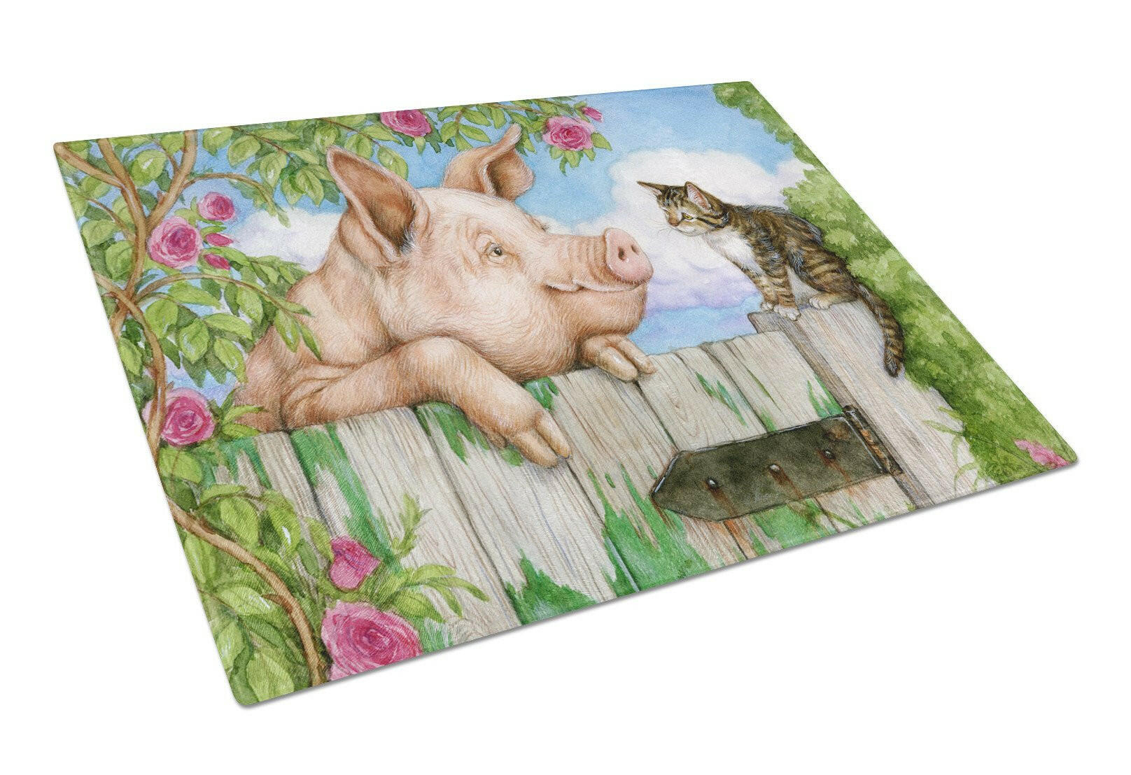 Pig at the Gate with the Cat Glass Cutting Board Large CDCO0349LCB by Caroline's Treasures
