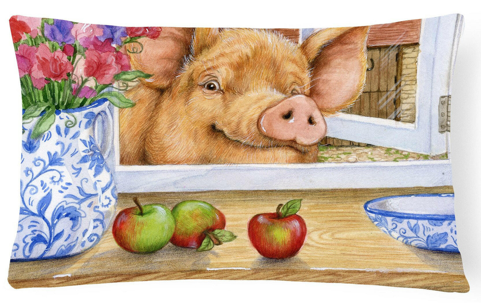 Pig trying to reach the Apple in the Window Fabric Decorative Pillow CDCO0352PW1216 by Caroline's Treasures
