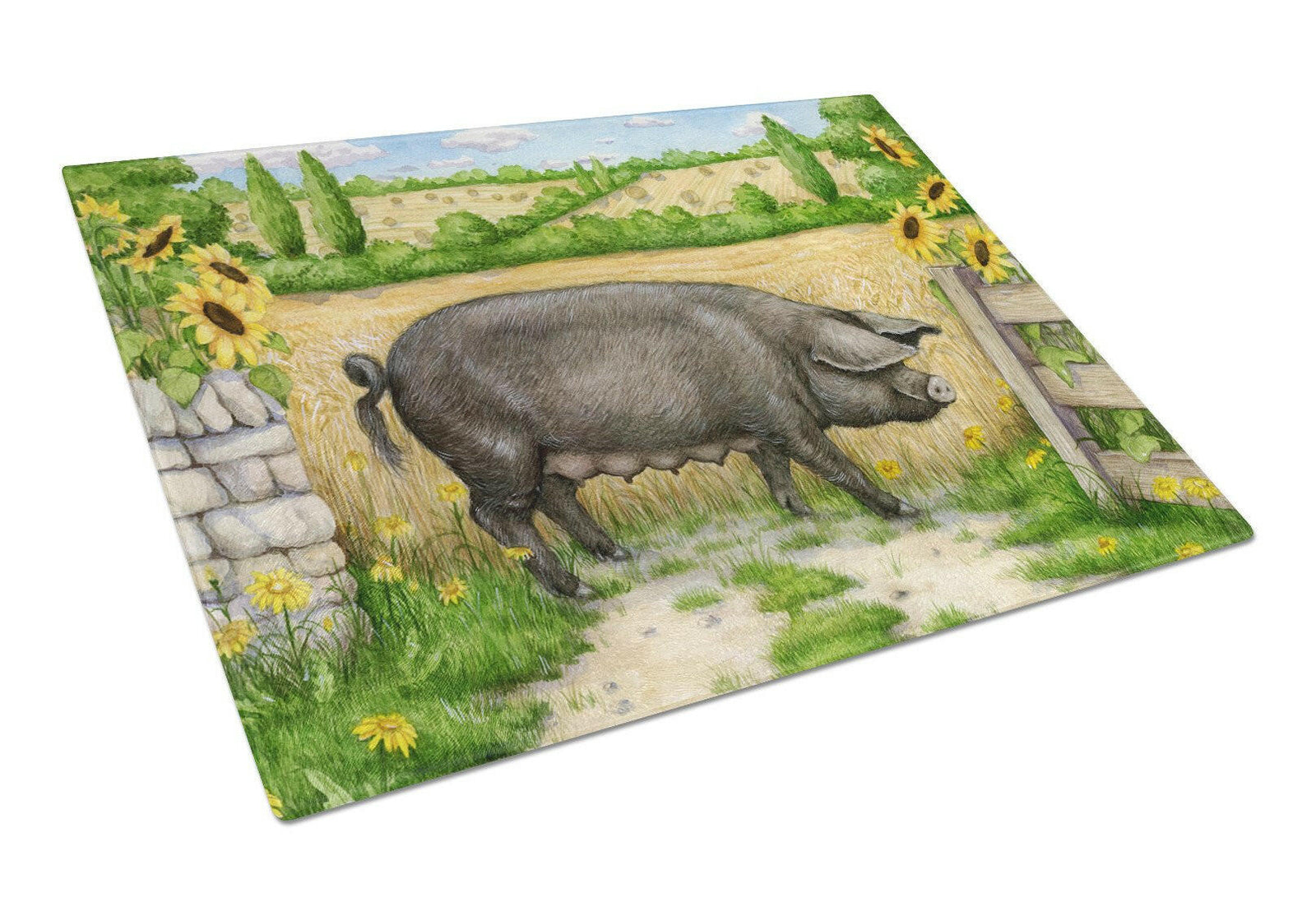 Black Pig with Sunflowers Glass Cutting Board Large CDCO0373LCB by Caroline's Treasures