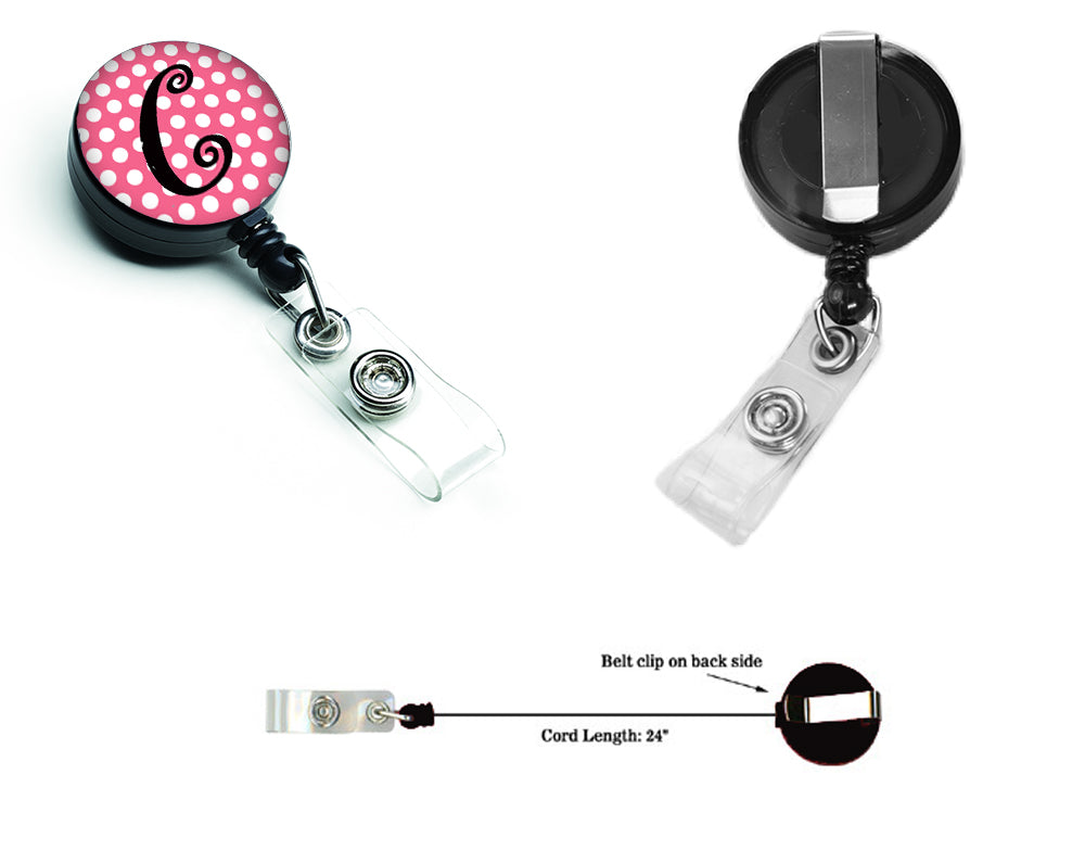 Letter C Monogram - Pink Black Polka Dots Retractable Badge Reel CJ1001-CBR