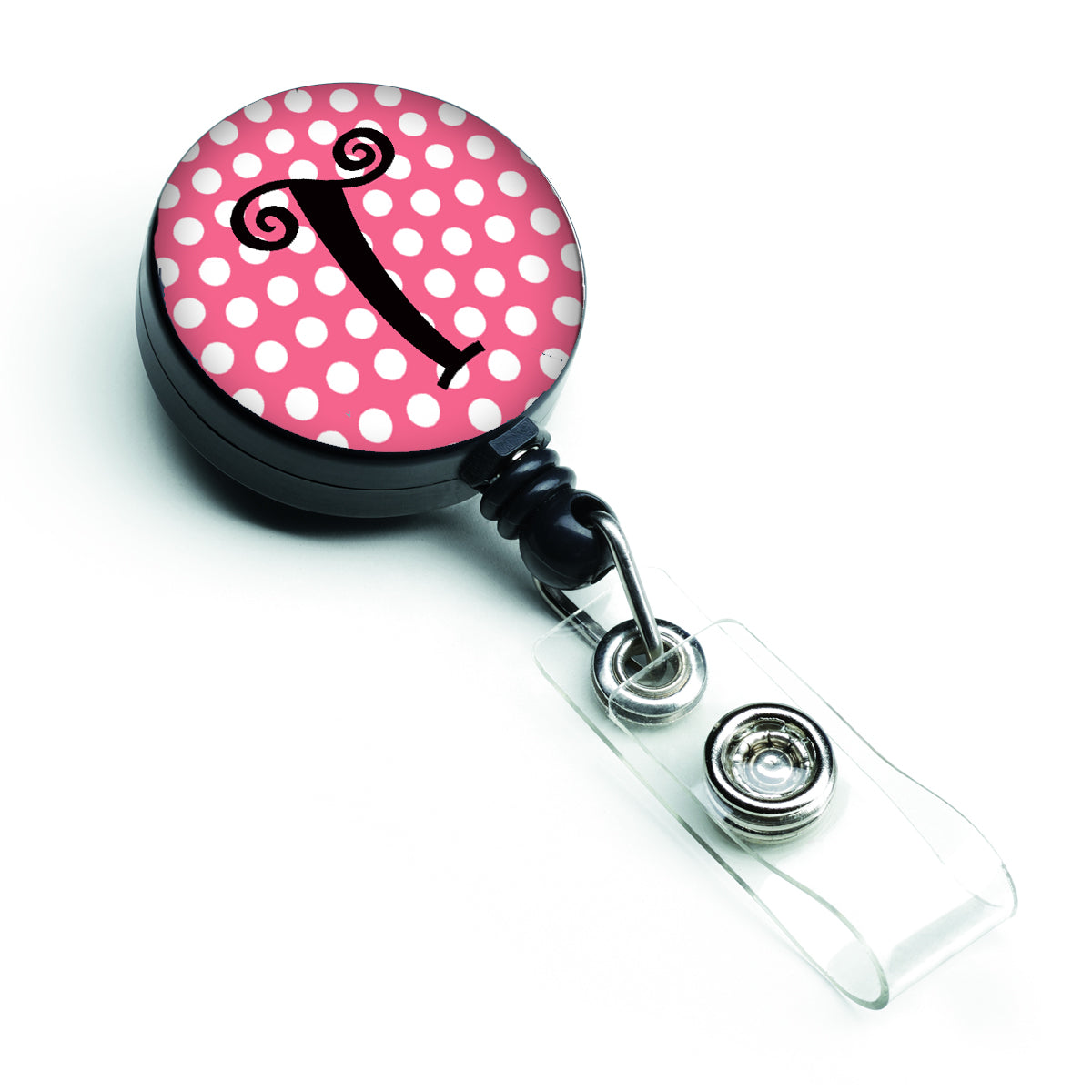 Letter T Monogram - Pink Black Polka Dots Retractable Badge Reel CJ1001-TBR