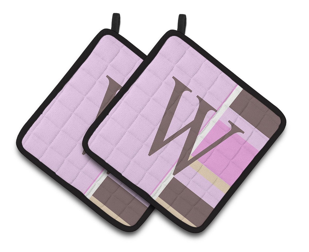 Letter W Initial Monogram - Pink Stripes Pair of Pot Holders by Caroline&#39;s Treasures