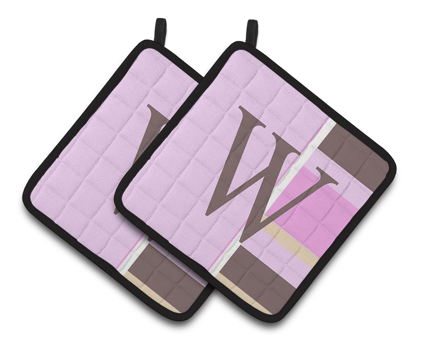 Letter W Initial Monogram - Pink Stripes Pair of Pot Holders by Caroline's Treasures