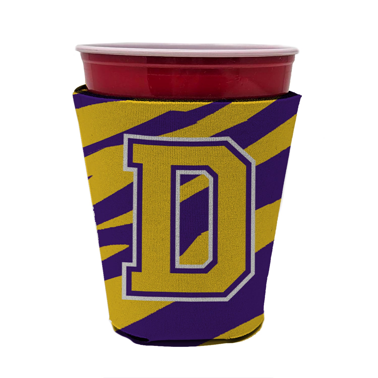 Tiger Stripe - Purple Gold Letter D Monogram Initial Red Cup Beverage Insulator Hugger